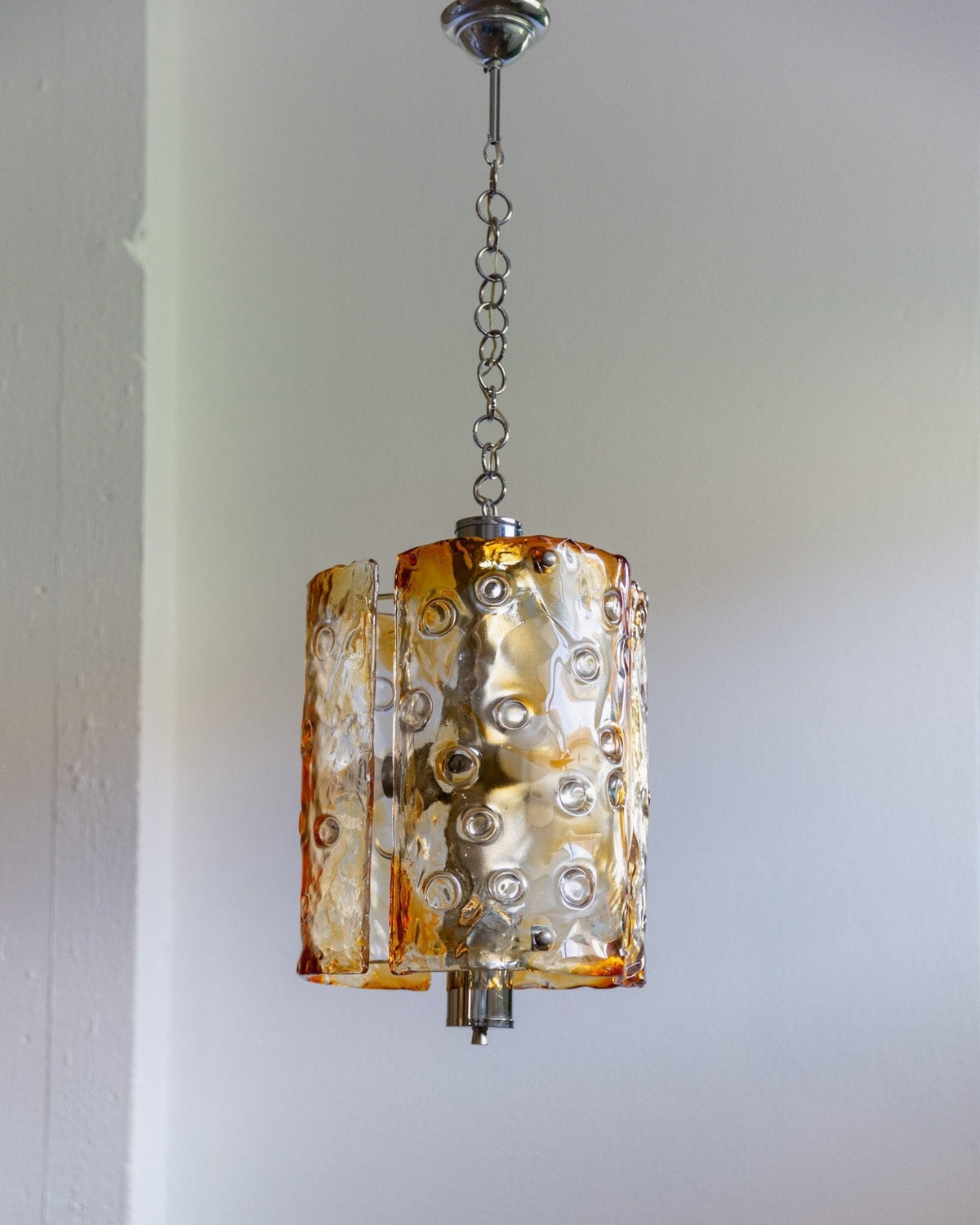 Large vintage Murano glass ceiling lamp by Toni Zuccheri for Mazzega - Italy 1970s - clear and orange glass, chrome - MCM chandelier — alternate view