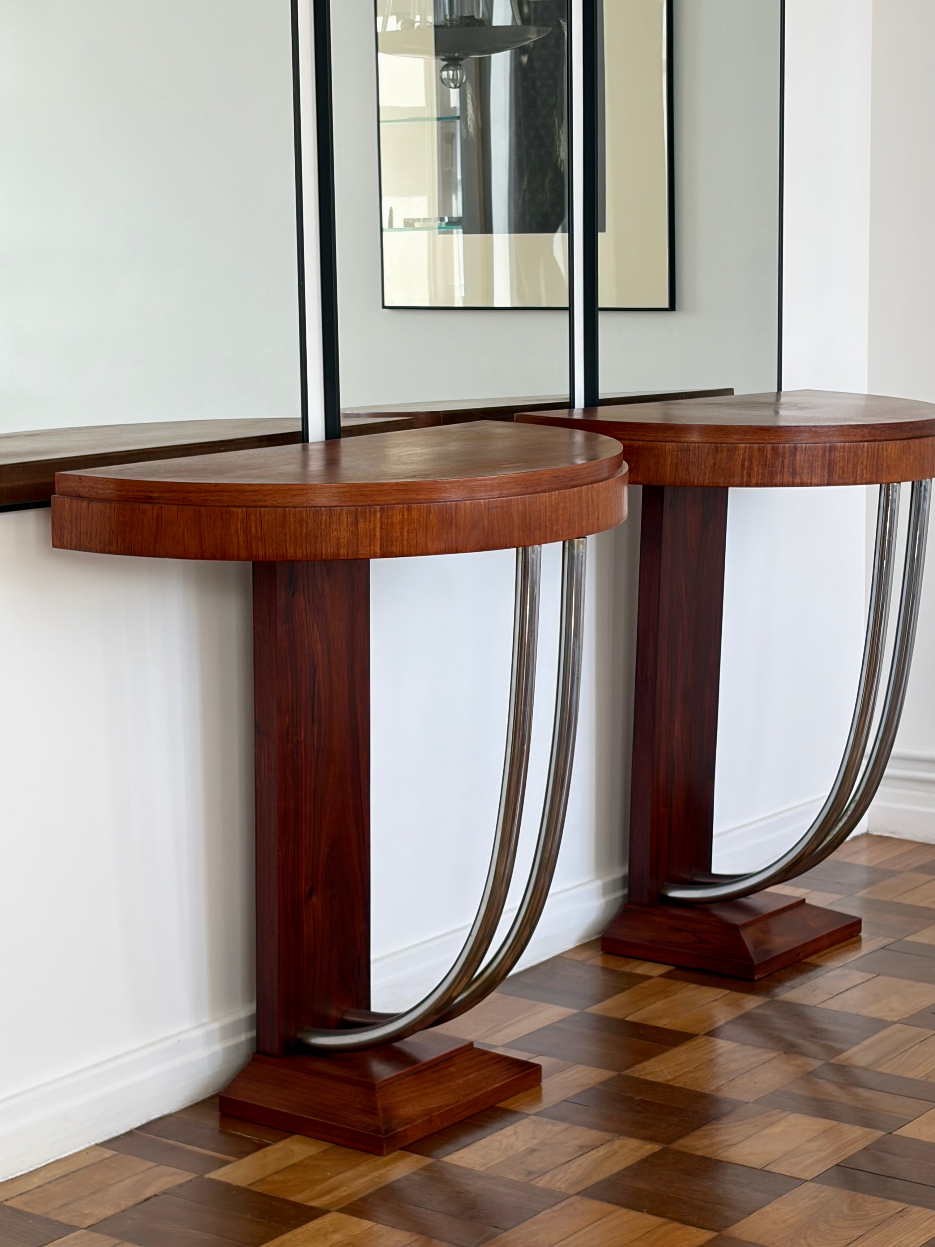French Art Deco Rosewood Demilune Console Tables, Pair, c. 1930s — lifestyle setting