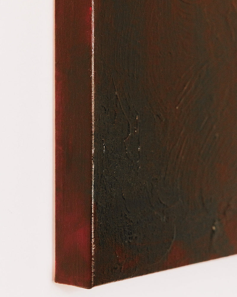 Side view showing textured brushwork detail of In Vino Veritas acrylic painting