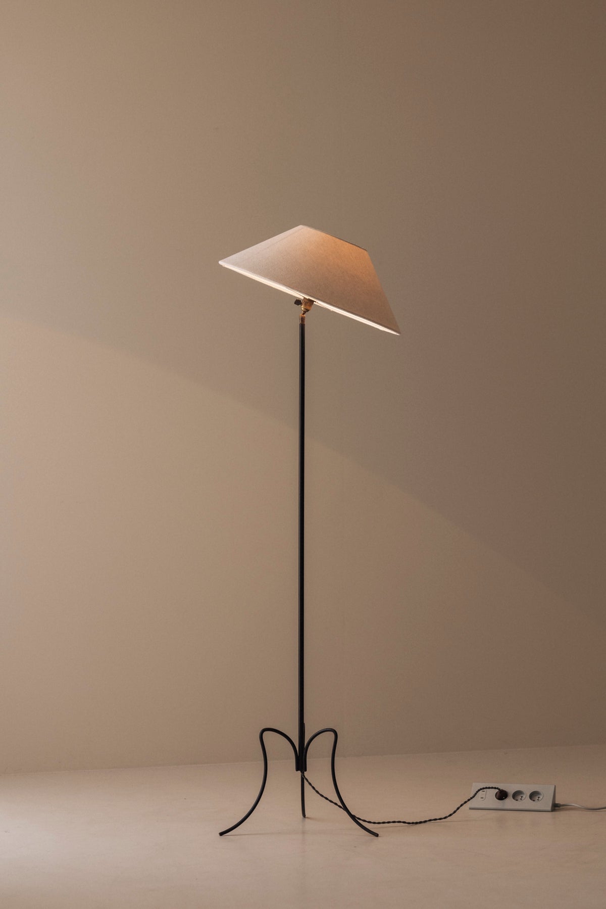French Sculptural Adjustable Tripod Floor Lamp, 1950s — lifestyle setting