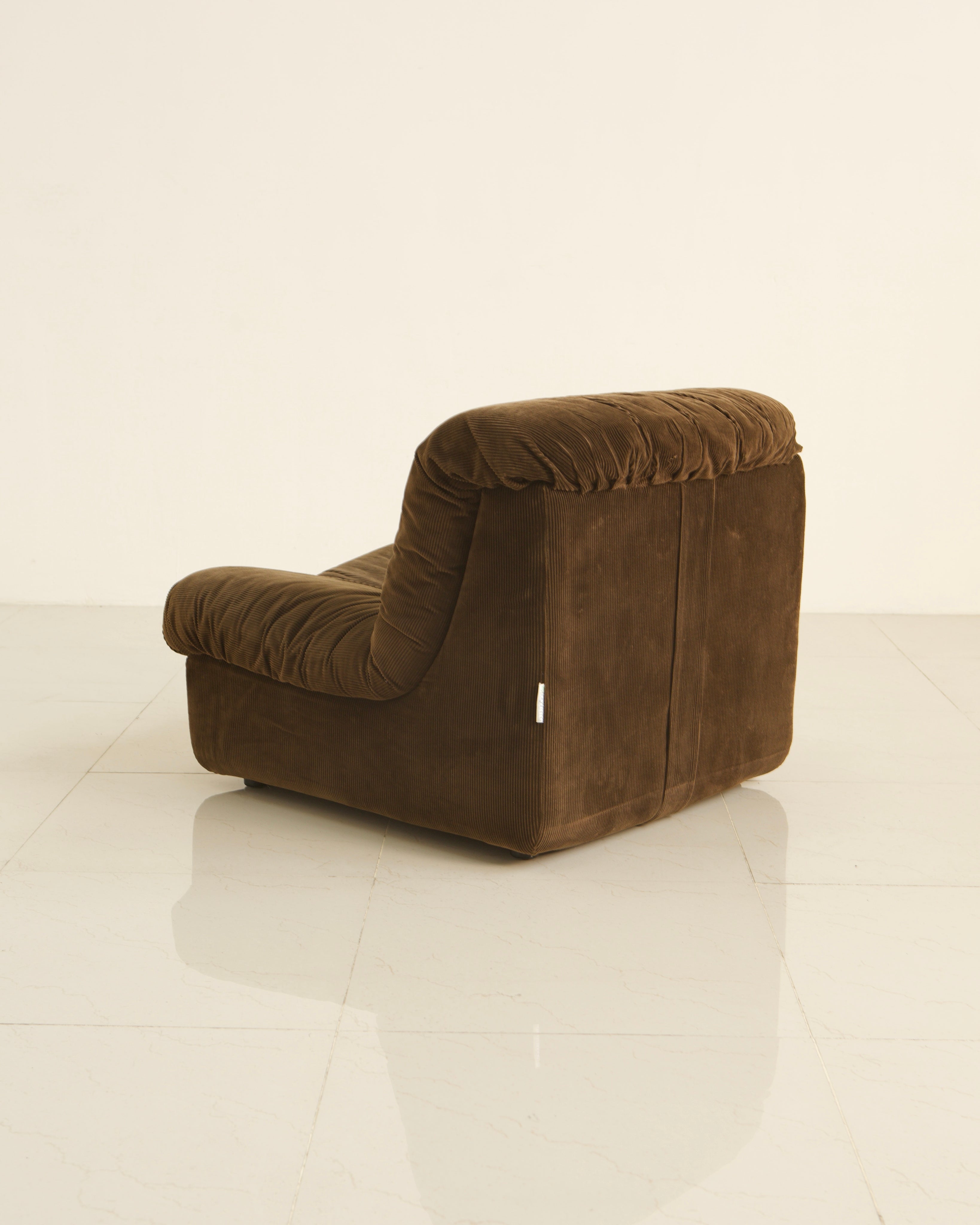 Brown corduroy modular sofa section, 1970s vintage design angle