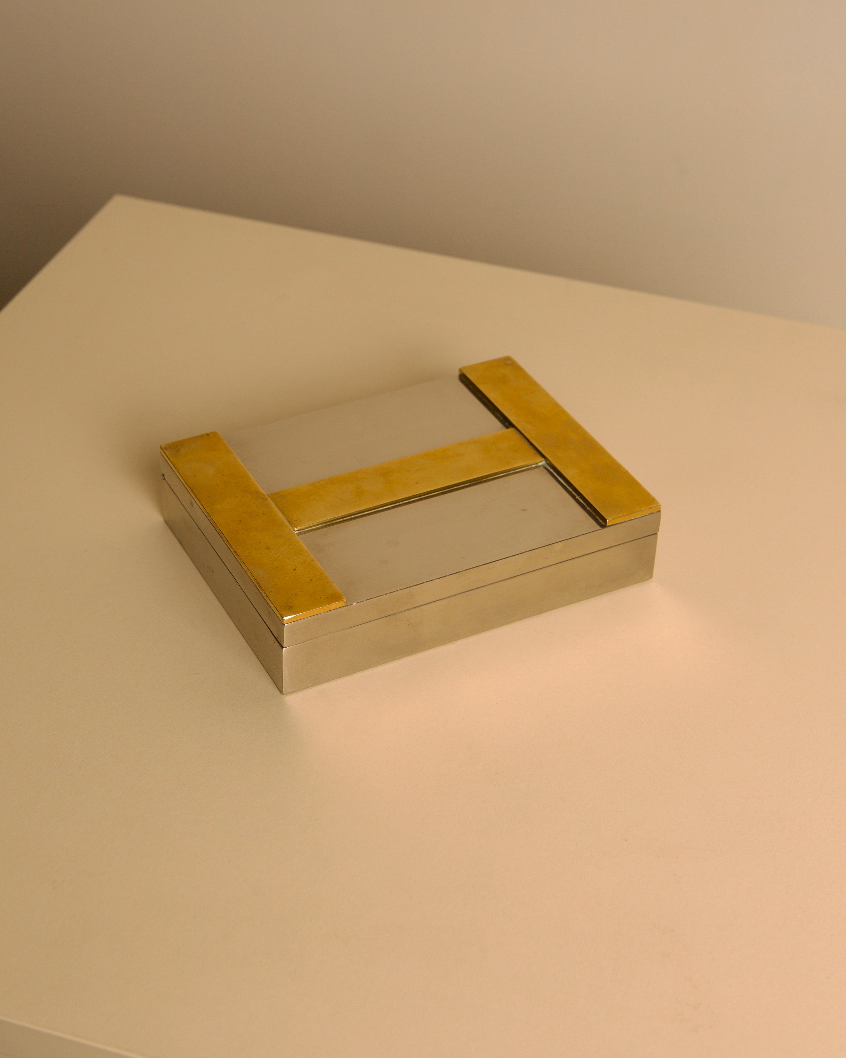 Hermès Paris Silver-Plated and Brass Box by Ravinet d'Enfert, France 1960s — lifestyle setting