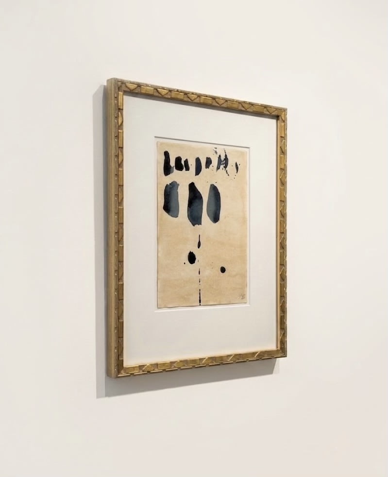 "Sand and Ink" Abstract on Paper in Gilded Handmade Frame — lifestyle setting