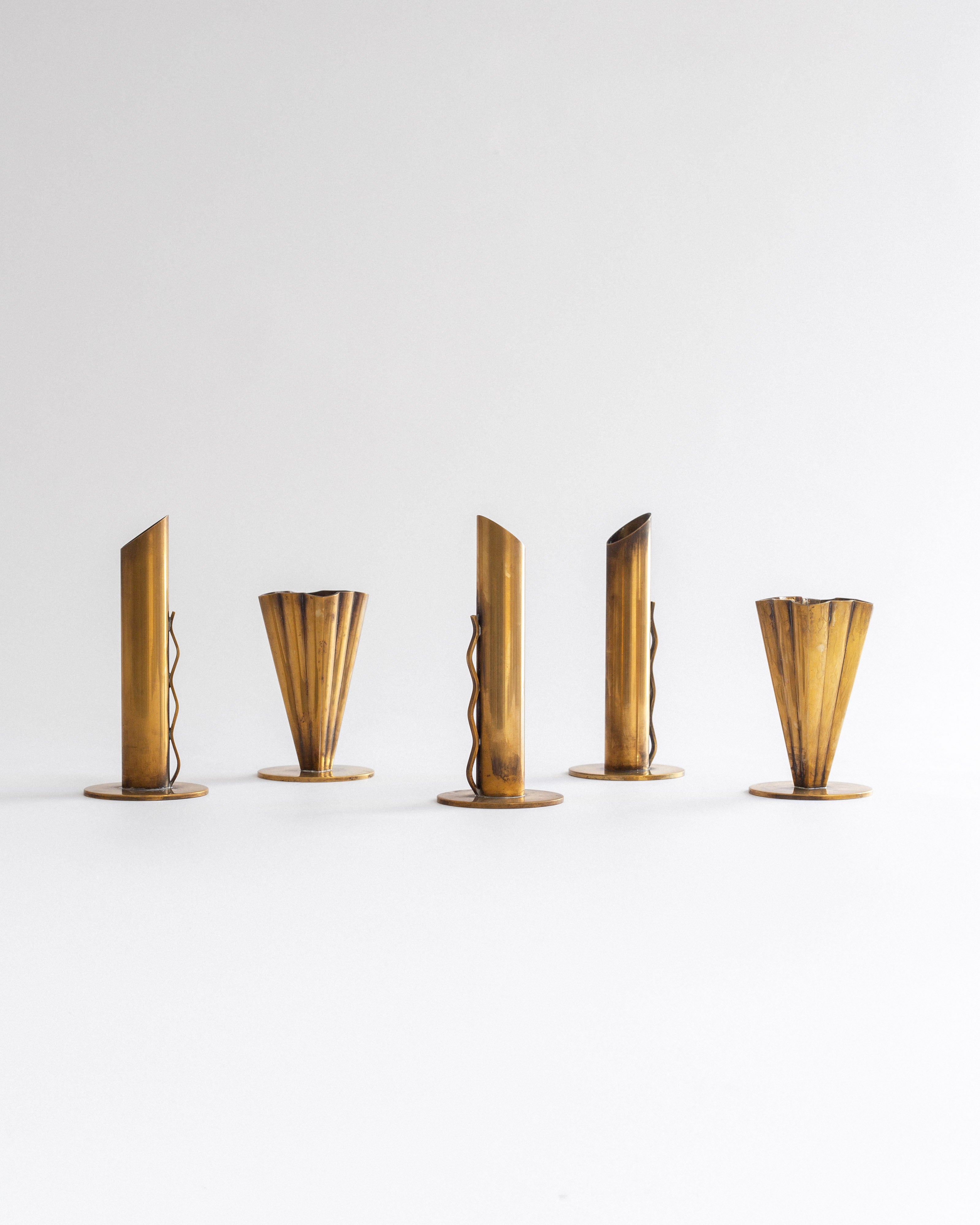 Trio of Mid-Century Patinated Brass Vases, Sweden — side angle