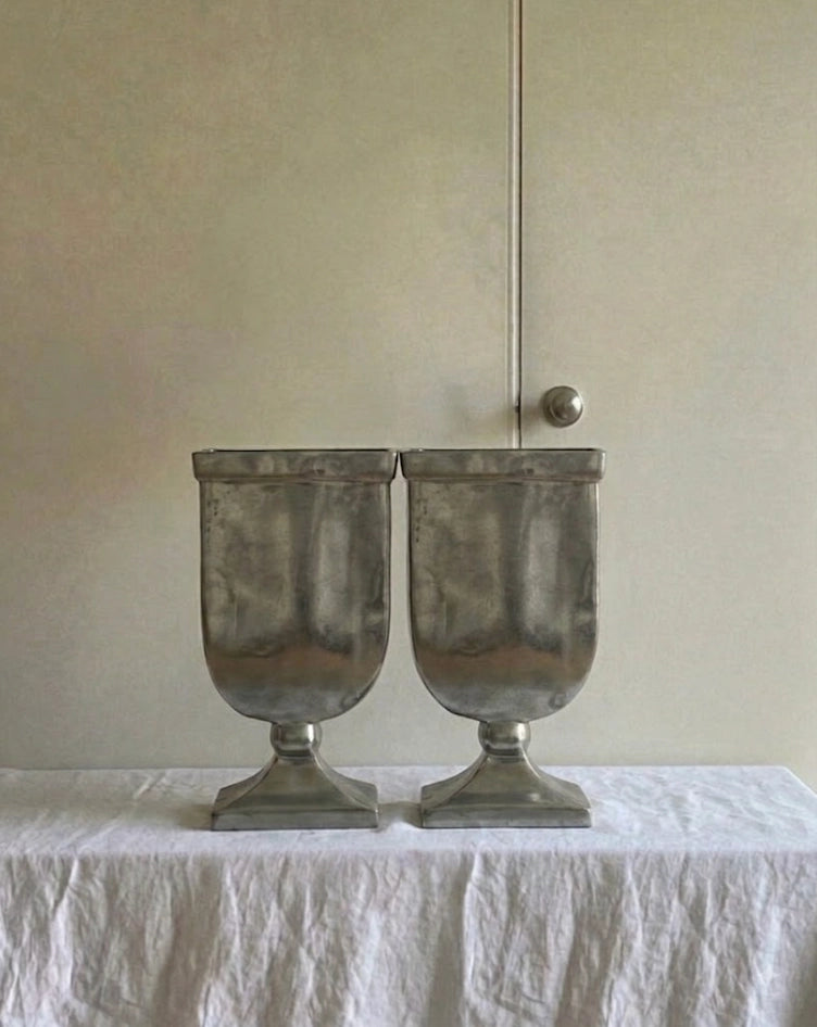 1990s Dutch Vintage Heavy Cast Aluminum Trophy Vase — side angle