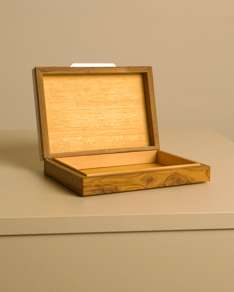 Italian box in metal, brass and solid olive wood, 1970s — open view showing interior wood grain