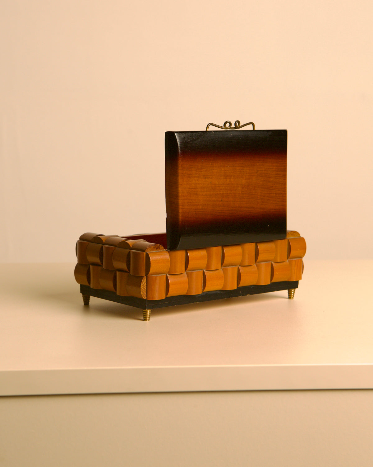 Italian woven wood and brass box, 1970s — lifestyle setting