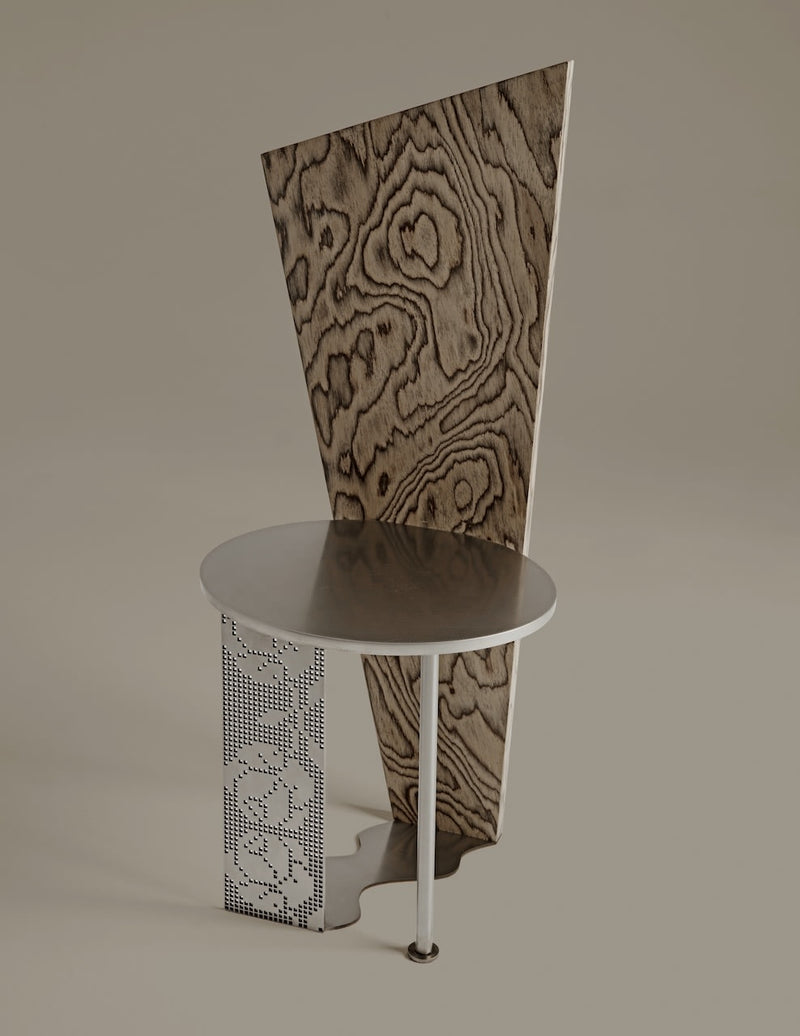 Runa chair profile showcasing wood grain backrest and perforated base