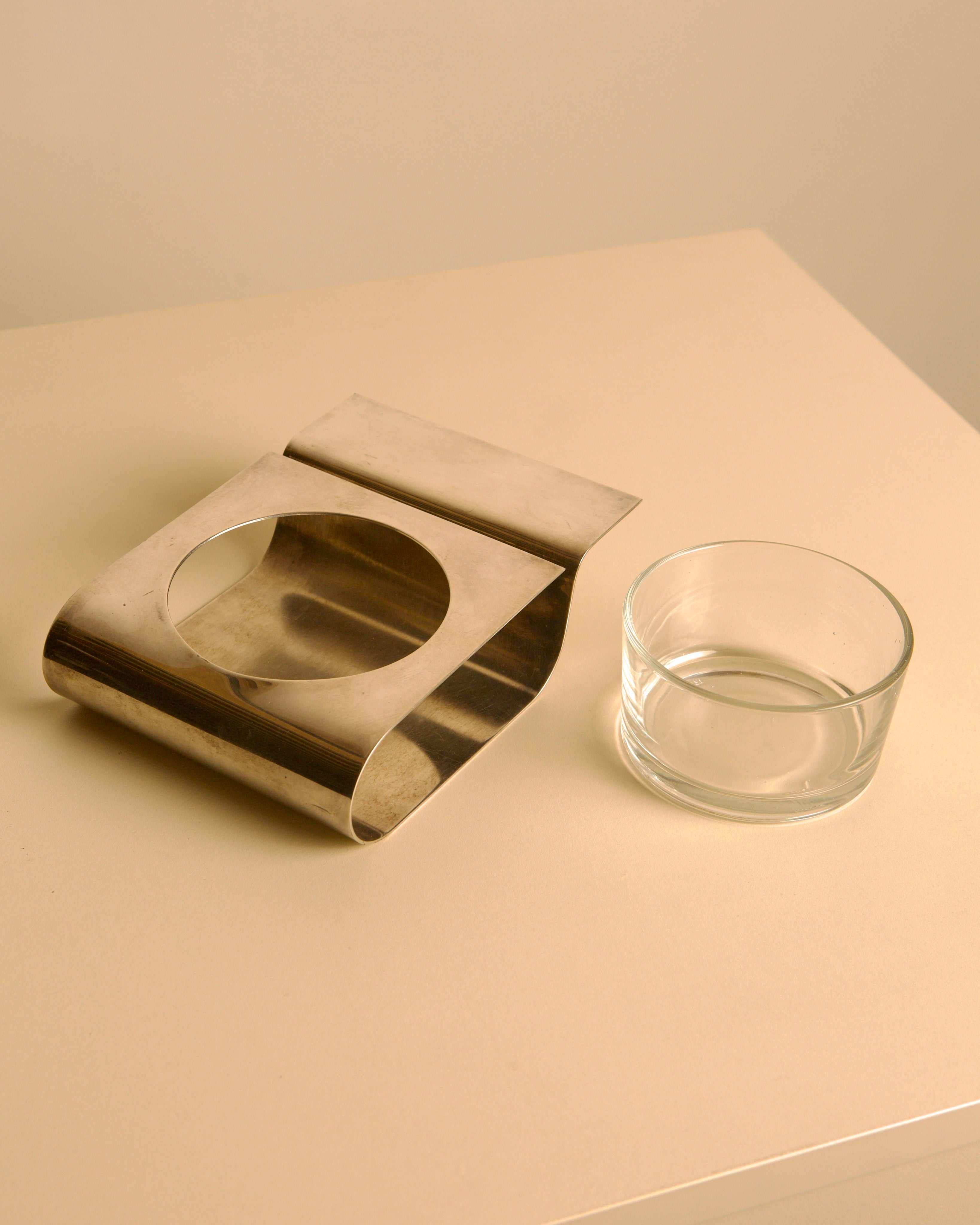 Metal and Glass Tray by Lino Sabattini, 1980s — side angle showing metal base and glass bowl