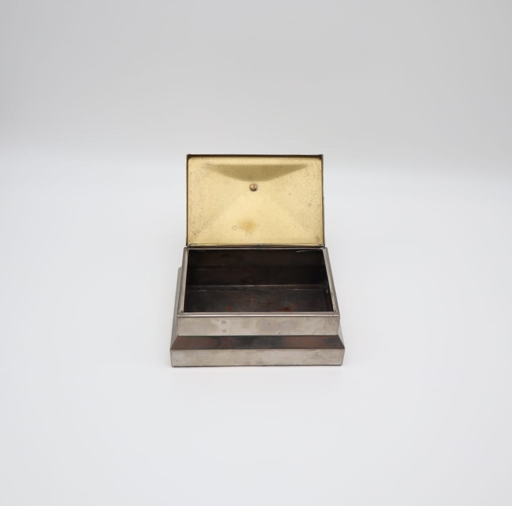 Art Deco Stepped Pewter Cigar Box with Bakelite Finial, 1930s — lifestyle setting