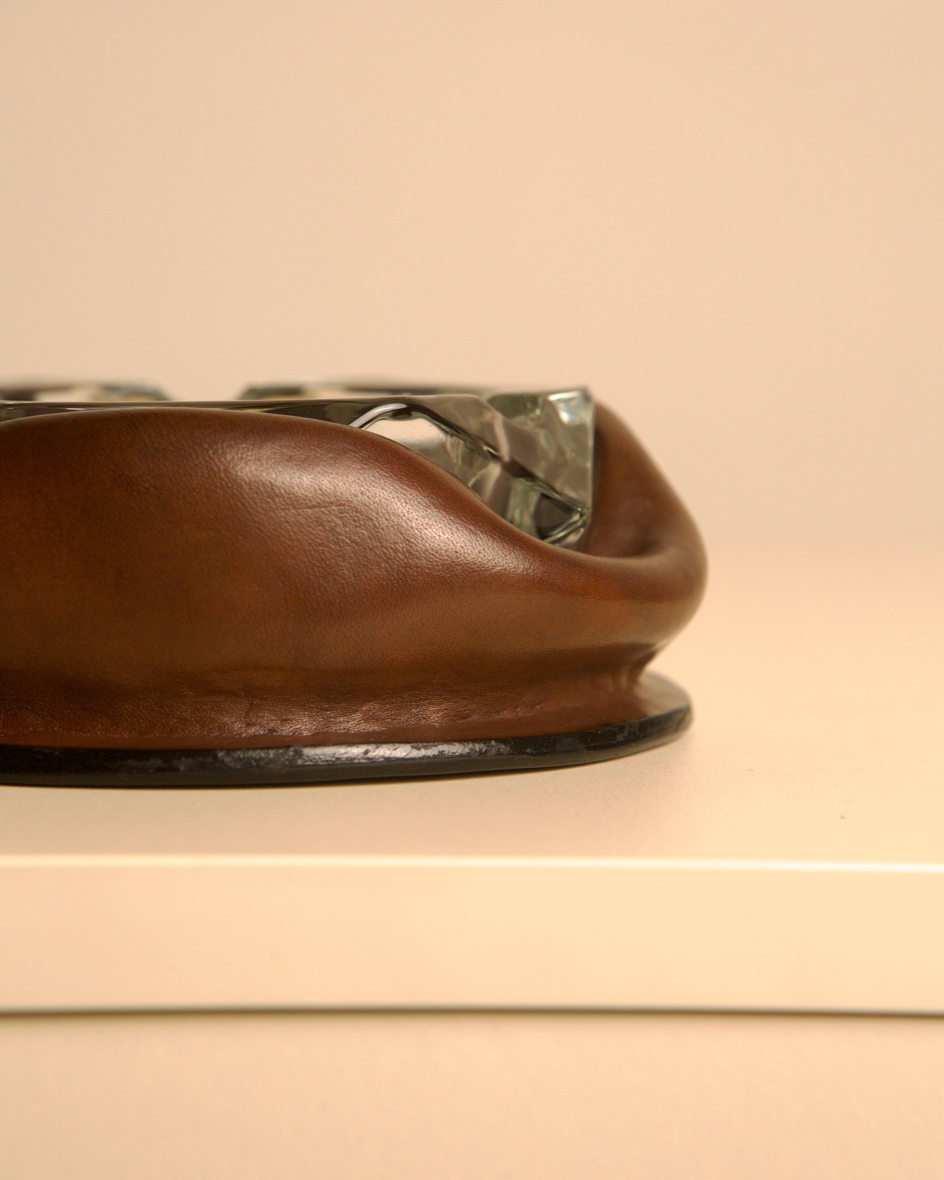 60s Italian brown leather glass ashtray — side angle