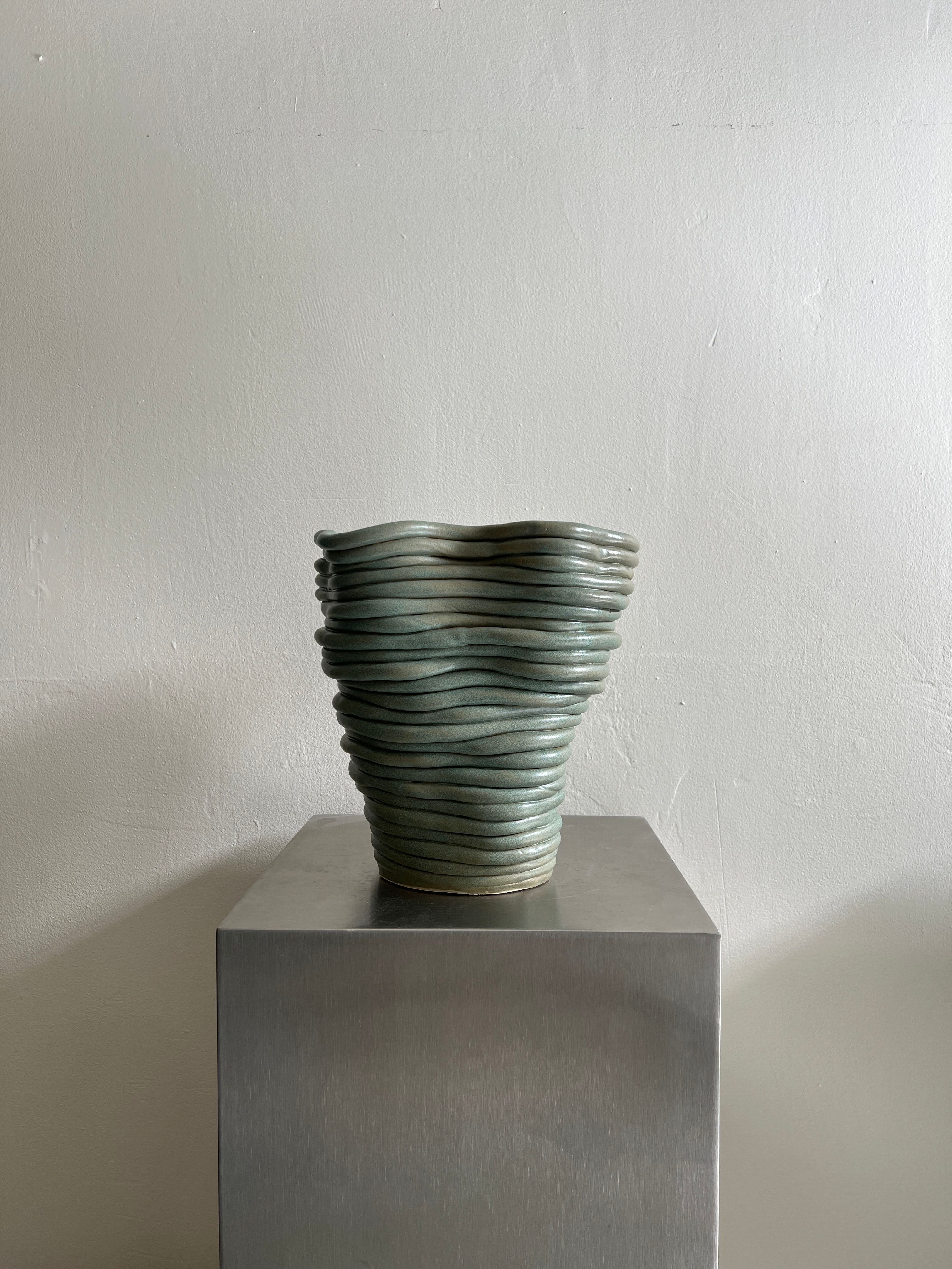Handsculpted Ceramic Vase Mid Green — side angle