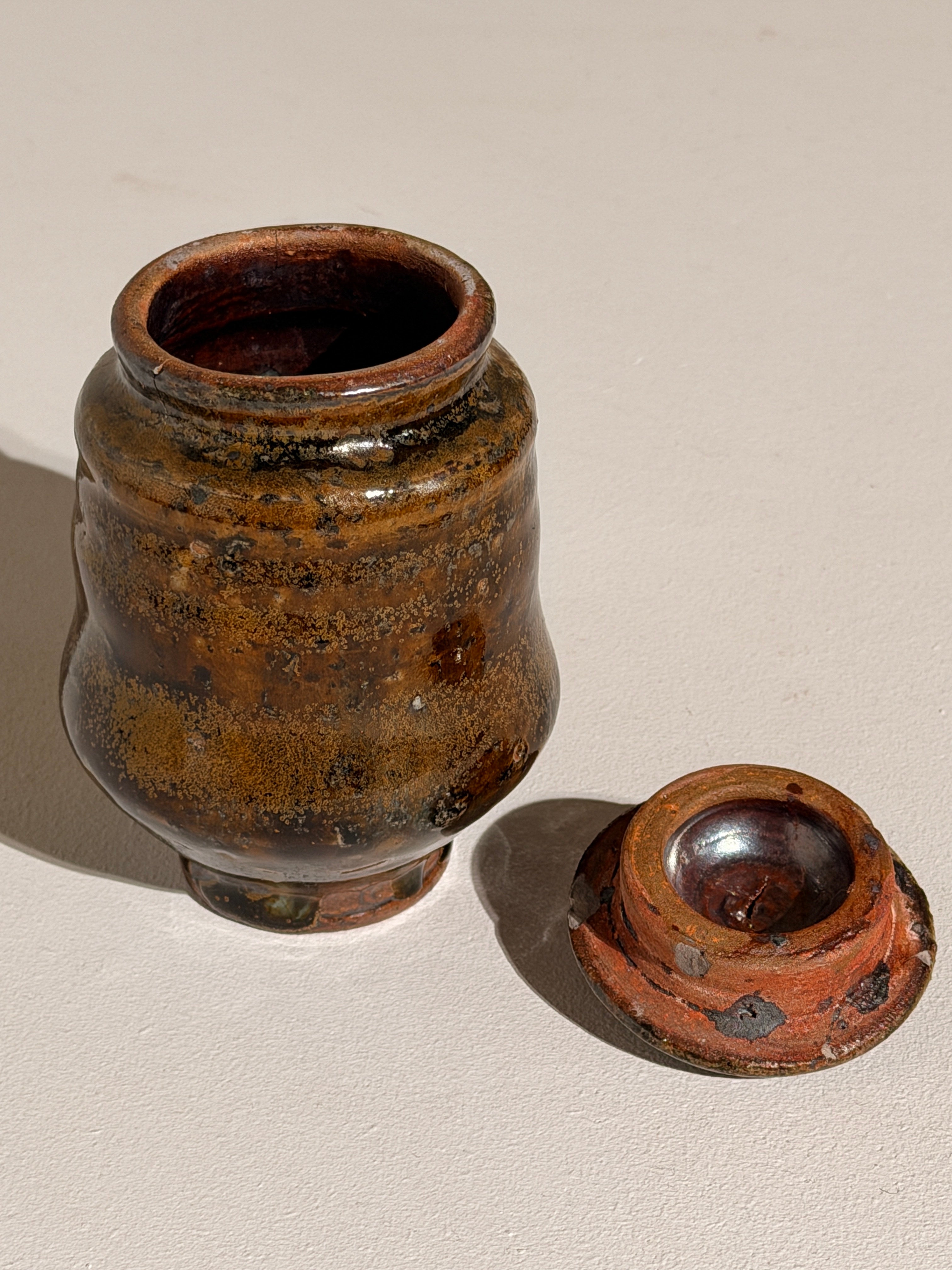 Covered glazed stoneware pot, France, circa 1960–1970. — detail view