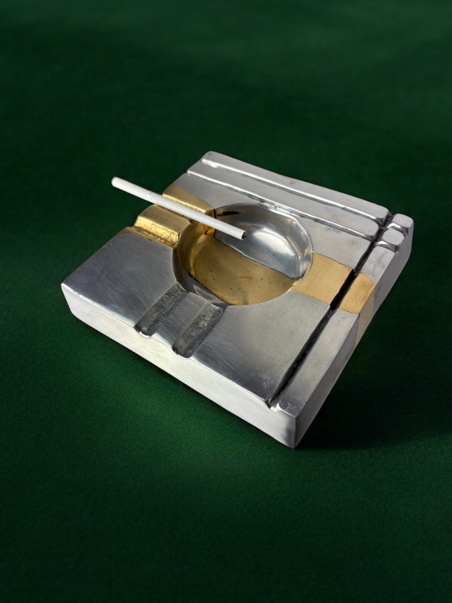 Brutalist Ashtray by Art3, Spain, 1970s — side angle showing metal and brass details