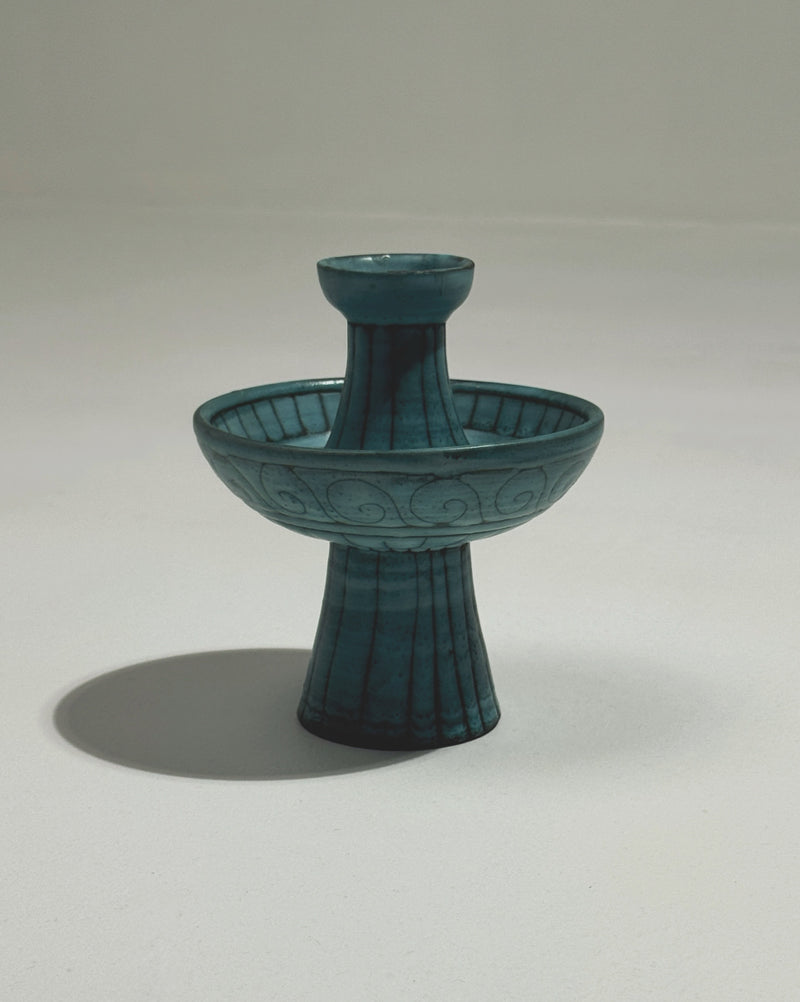 Teal ceramic decorative bowl with pedestal base by Jacques Sagan