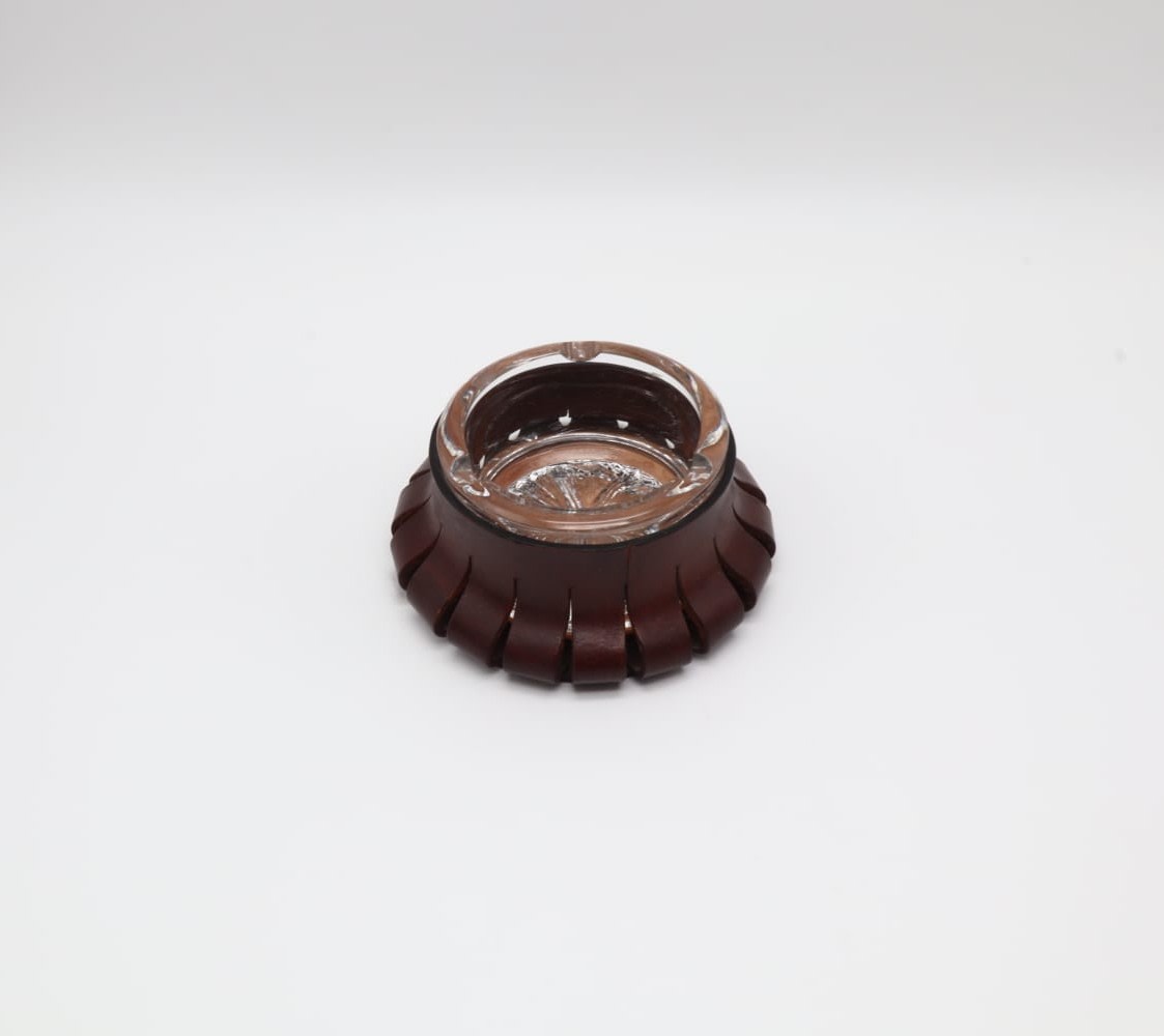 Mid-Century Sinuous Leather & Crystal Glass Ashtray – Italy, 1950s — side angle