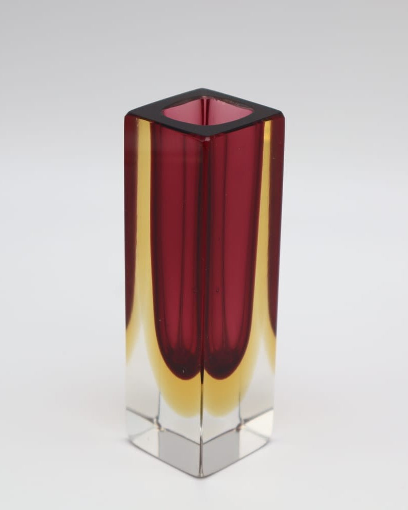 Authentic Flavio Poli Murano Sommerso Block Vase – Ruby Red & Amber – Italy, 1960s by Forma Finds | The Oblist