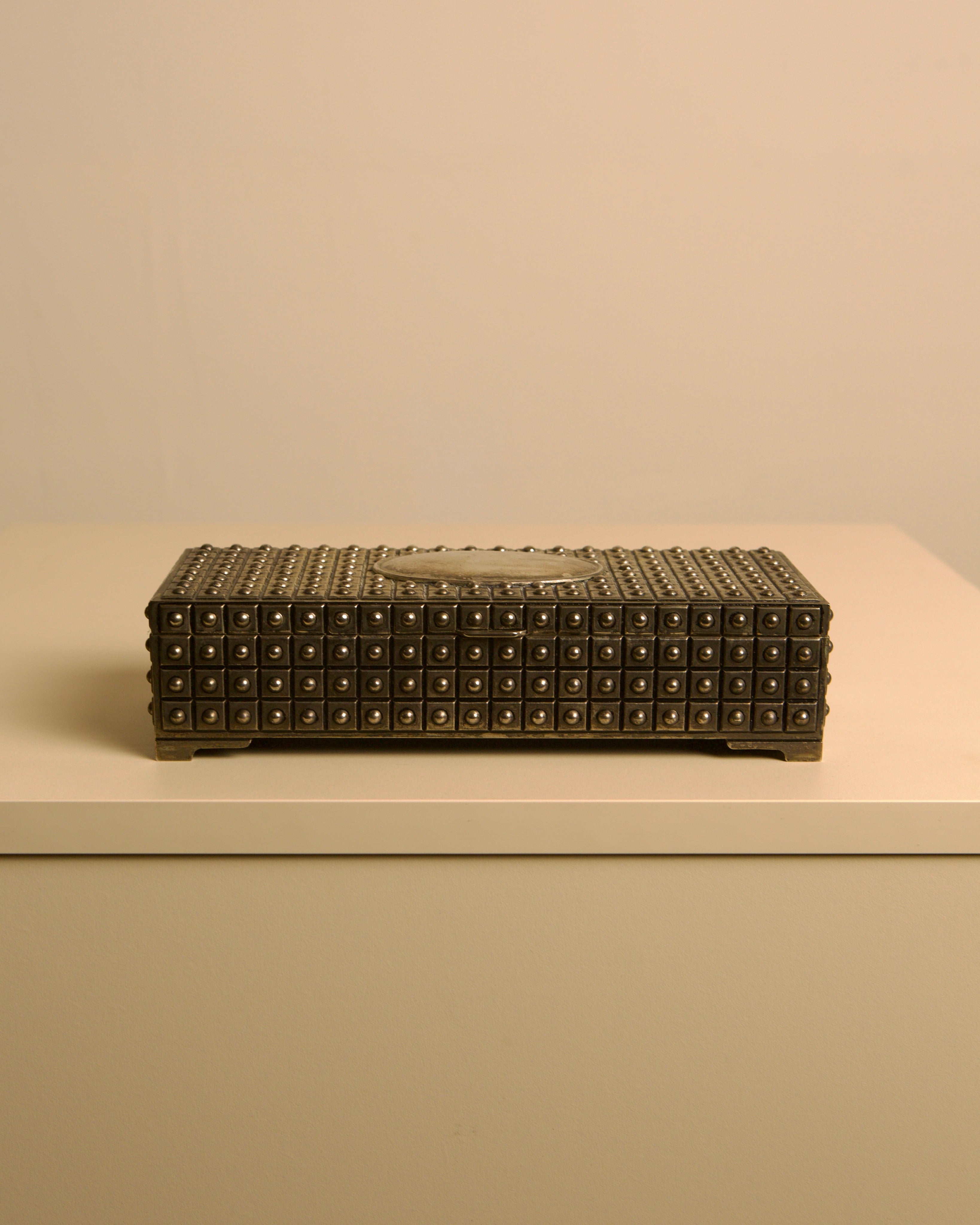 Italian studded metal jewelry box with blue velvet interior, 1950s — detail view