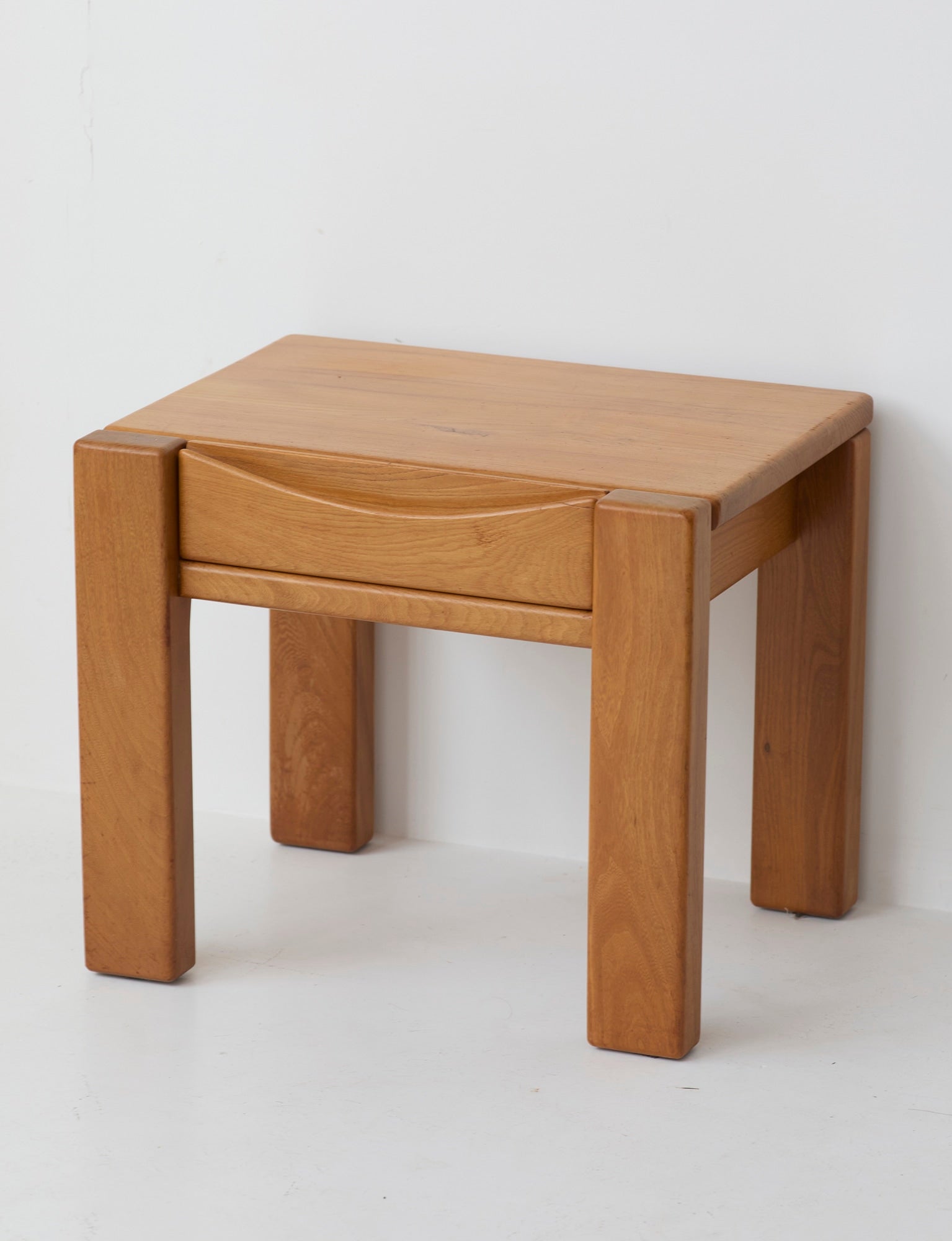 Minimalist Solid Elm Bedside Table with Drawer by Maison Regain, France, 1980s — side angle