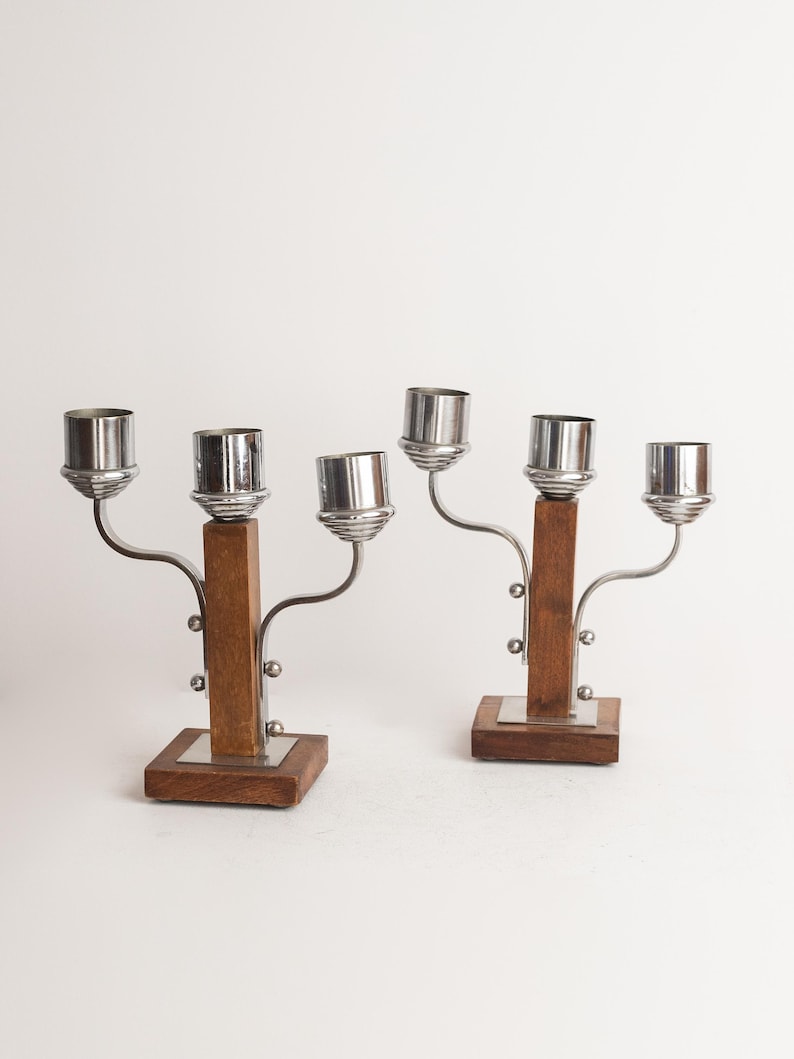Art Deco Candle Holders Pair, Vintage Metal and Wood Candlesticks by Studio Ecubed | The Oblist