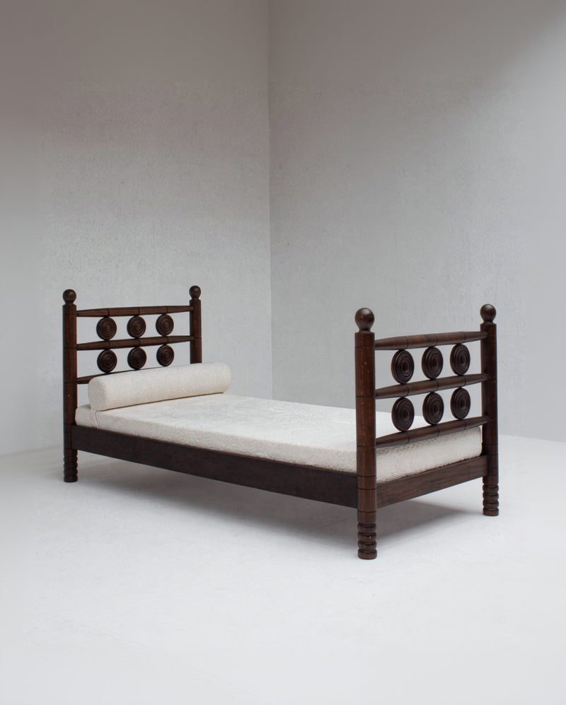 Mid-Century Wooden Bed with Sculptural Headboard — detail view