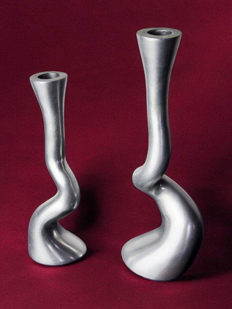 Pair of Brutalist candleholders 1970s by Malamar Studio | The Oblist — silver metal finish, vintage design
