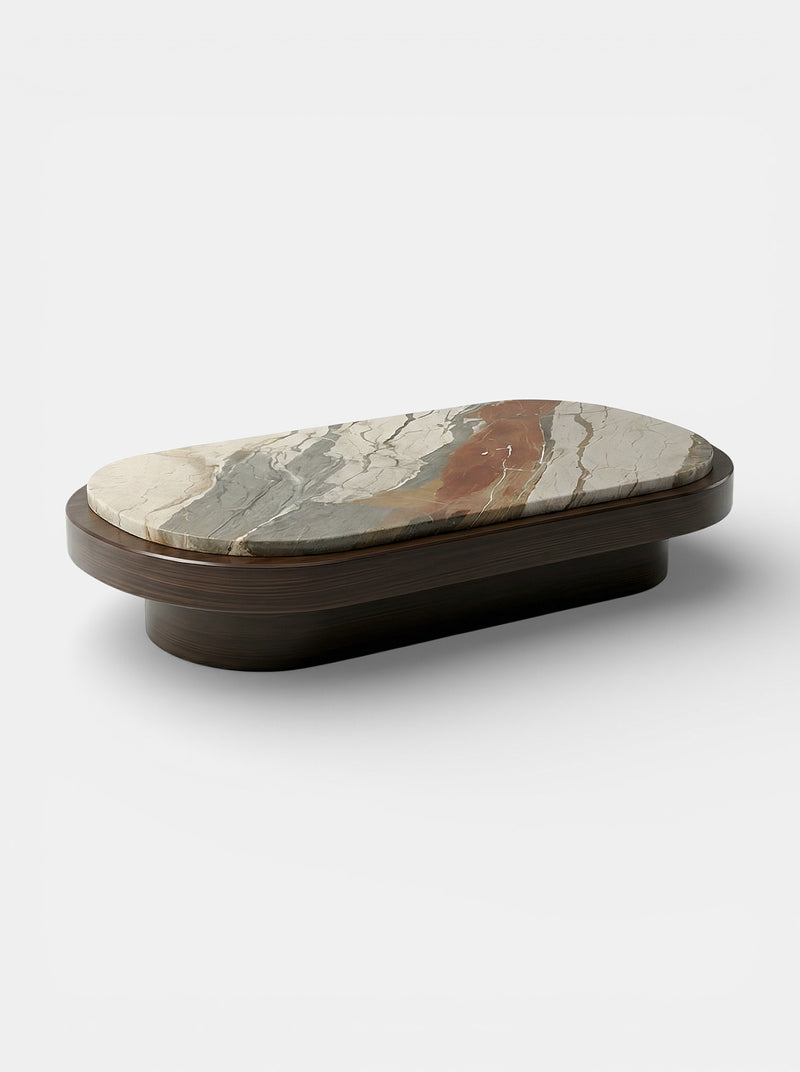 Mirage Wood and Breccia Fantastica Marble Coffee Table — close-up of marble surface with earthy tones
