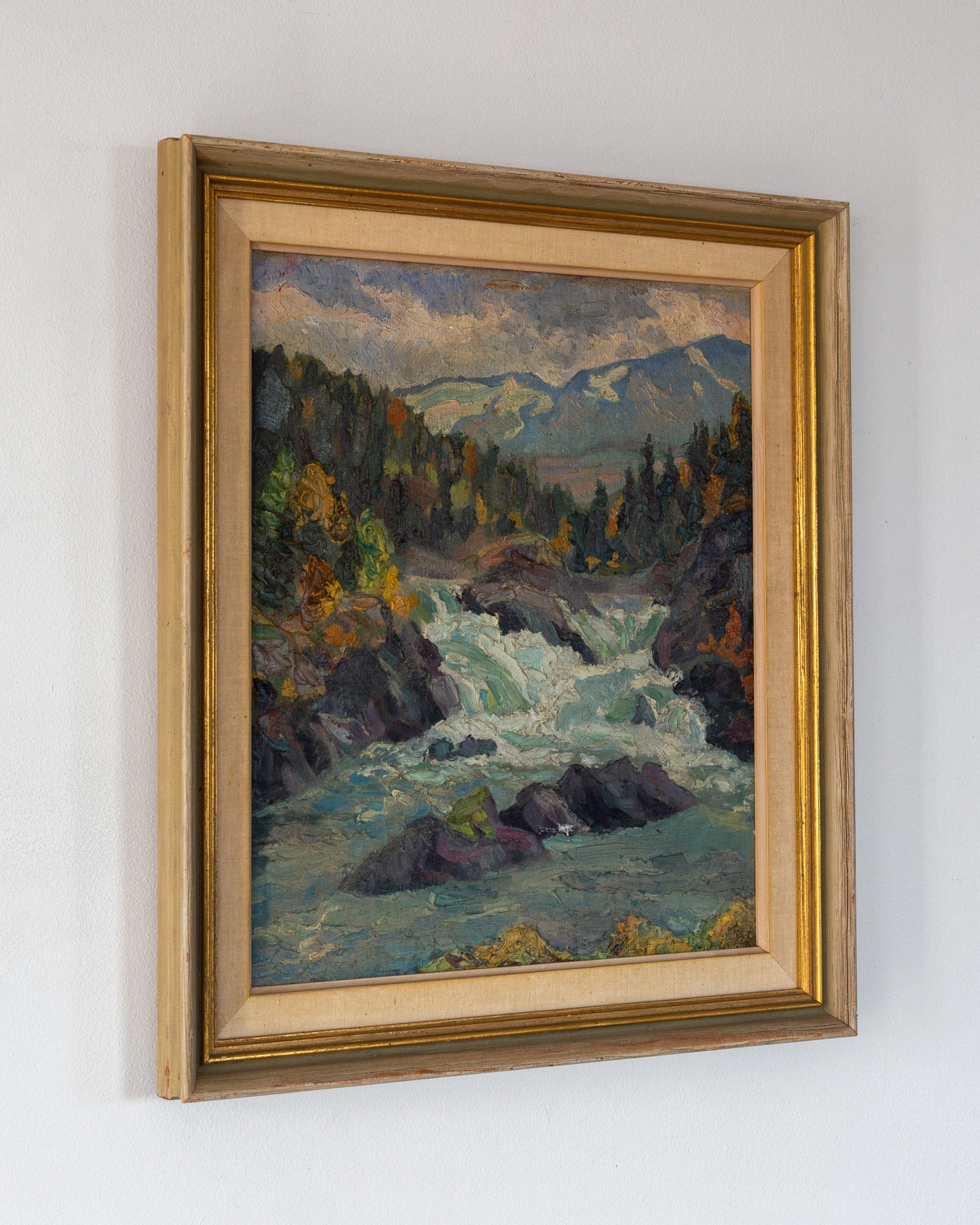Vintage Nordic Landscape Painting, 1930s-40s — side angle showing textured frame and vibrant colors