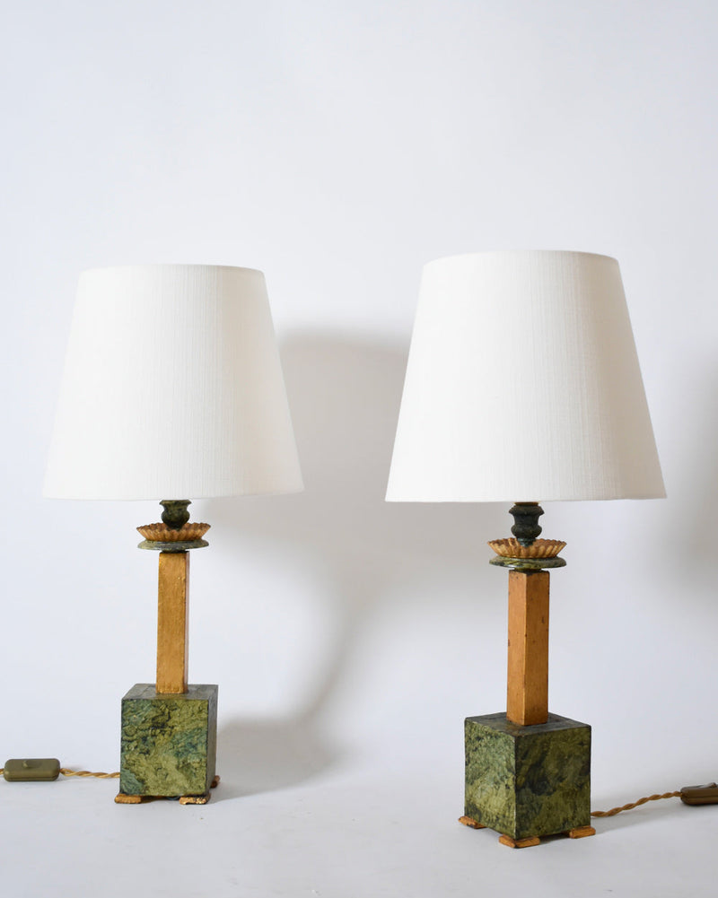 Pair of marble trompe l'oeil wooden lamps, 1940s by Barracuda Interiors | The Oblist