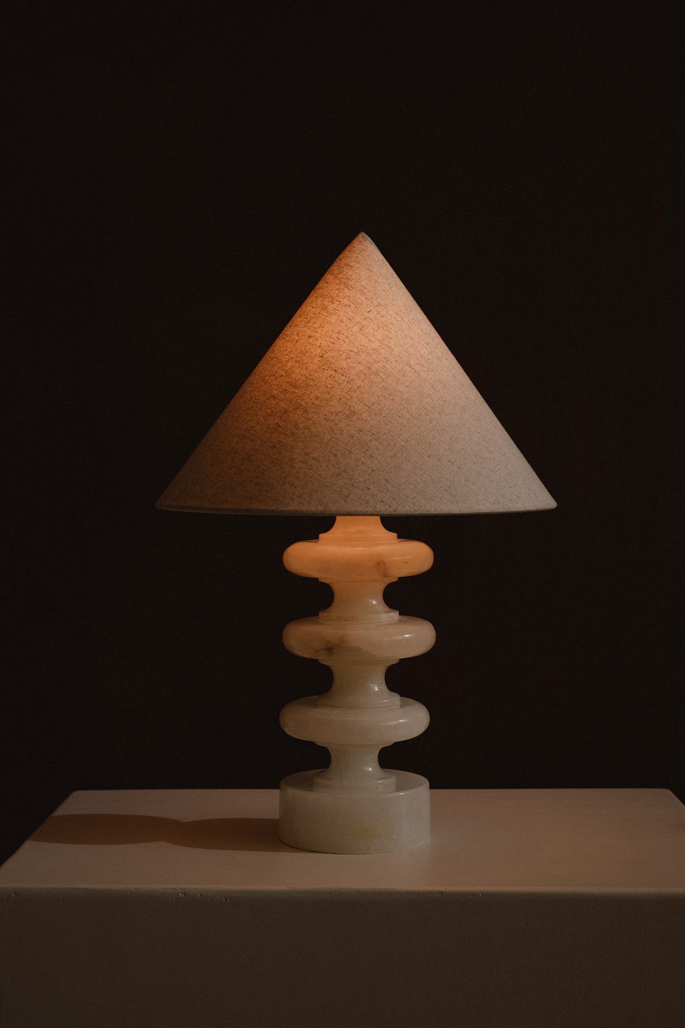 Sculptural Alabaster Table Lamp — top view with conical shade and base