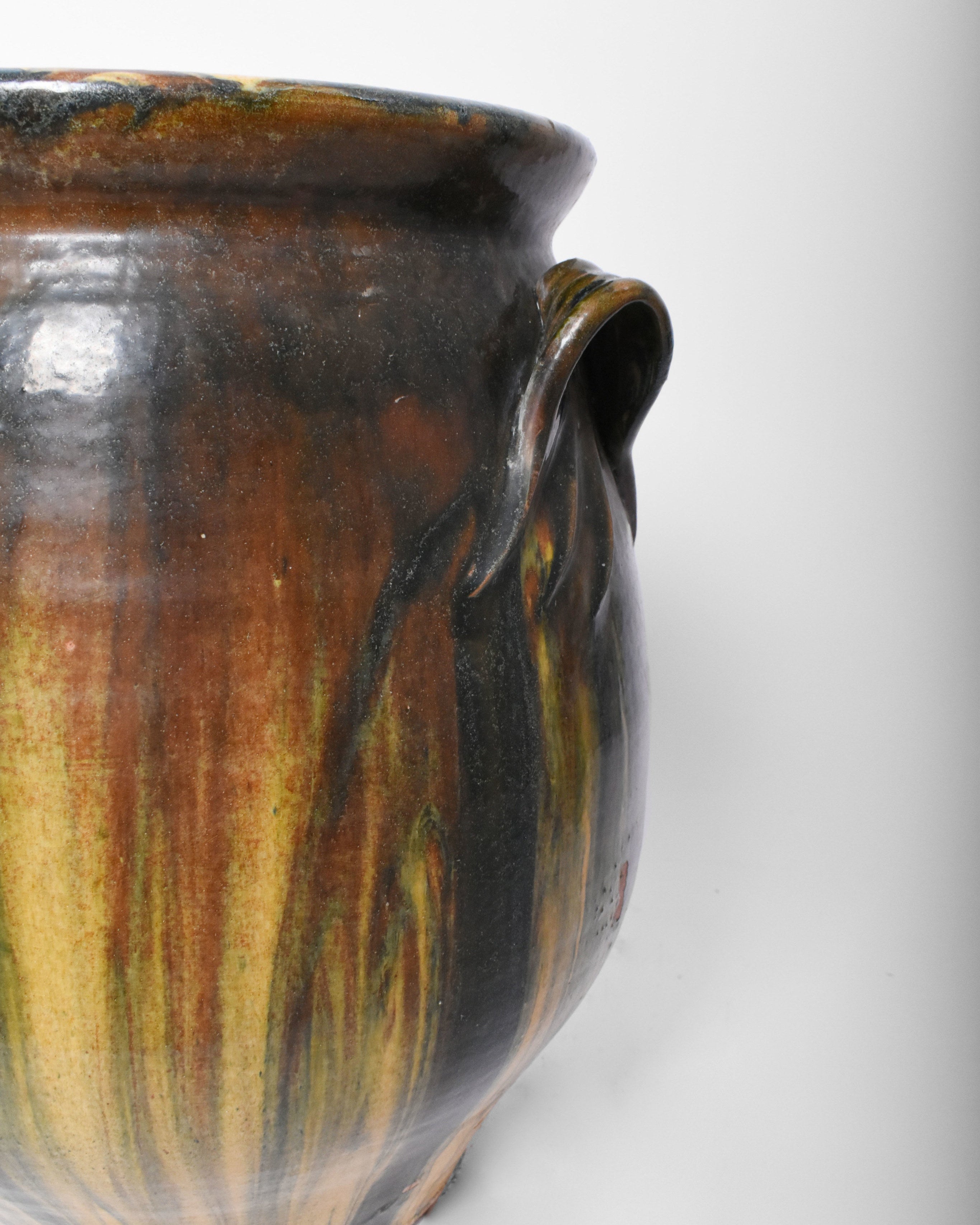 Green Blue and Yellow Ceramic Vase with Handles, 1950s — angled view highlighting ceramic texture