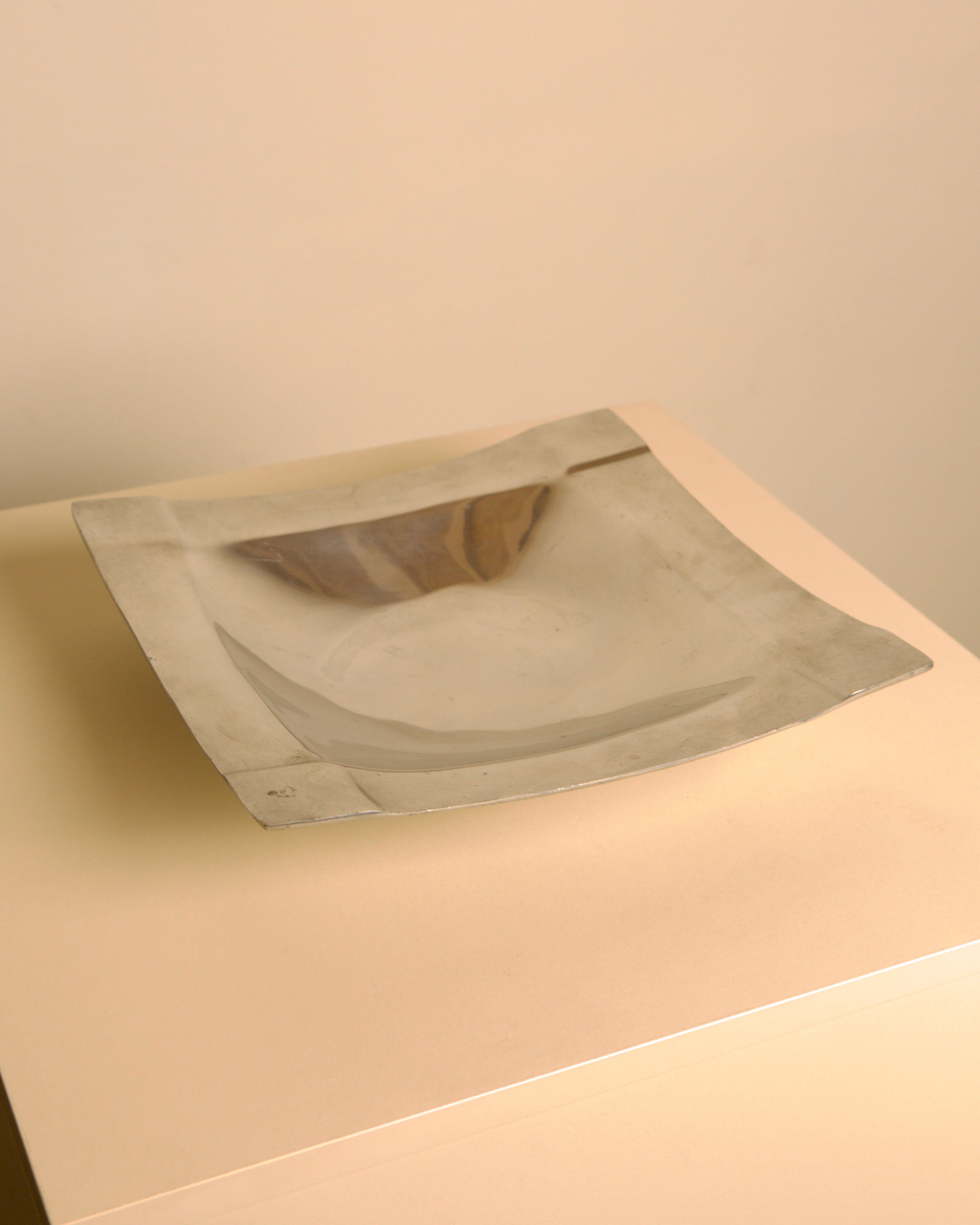 Large Italian Polished Aluminium Square Vide-Poche / Catchall, 1980s — side angle