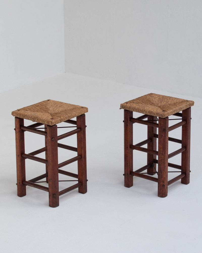Pair of Rustic Wooden Stools with Woven Rush Seats by Malata Antwerp | The Oblist — handcrafted wooden, natural rush seats