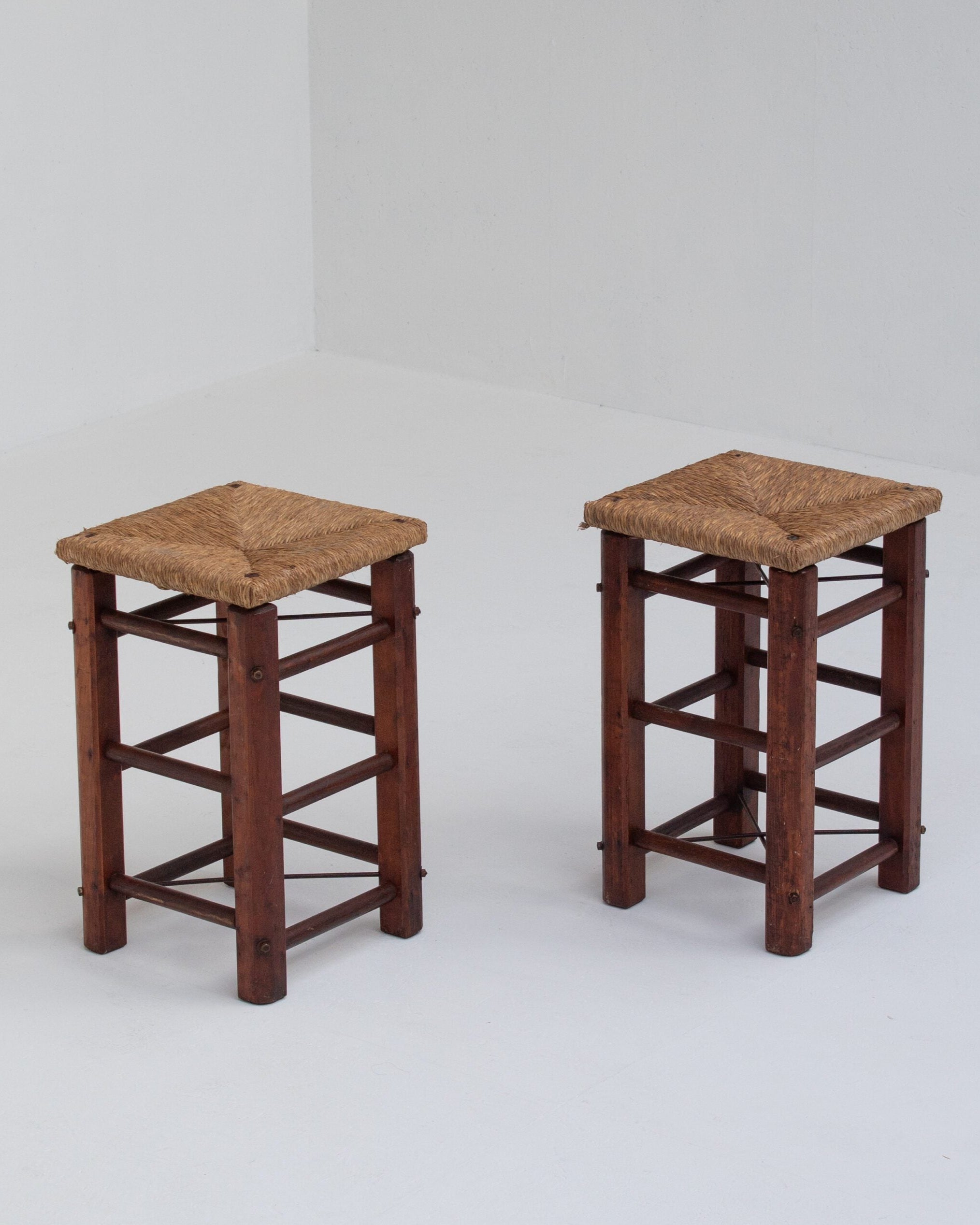 Pair of Rustic Wooden Stools with Woven Rush Seats by Malata Antwerp | The Oblist — handcrafted wooden, natural rush seats