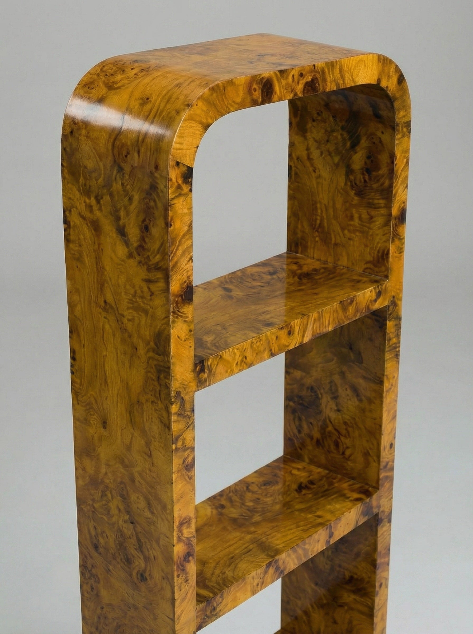 Calisto' Olive Burl Wood Bookcase — side angle showing rounded edges and shelves