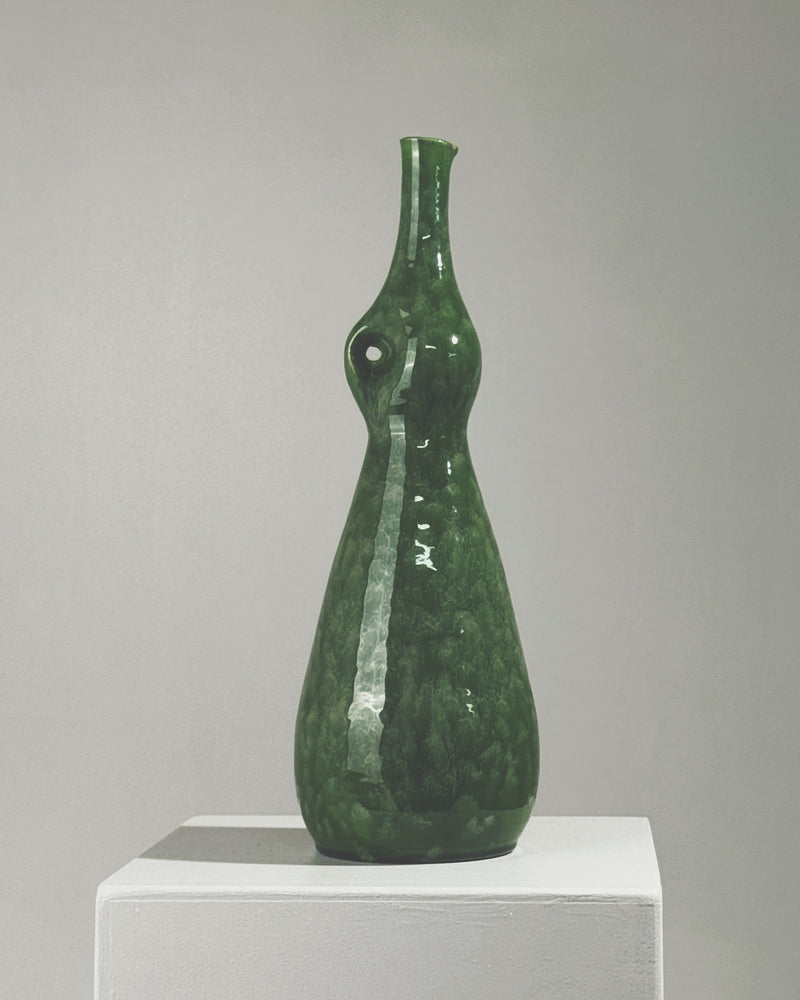Large green ceramic pinched bottle vase by Accolay Potters 1960s