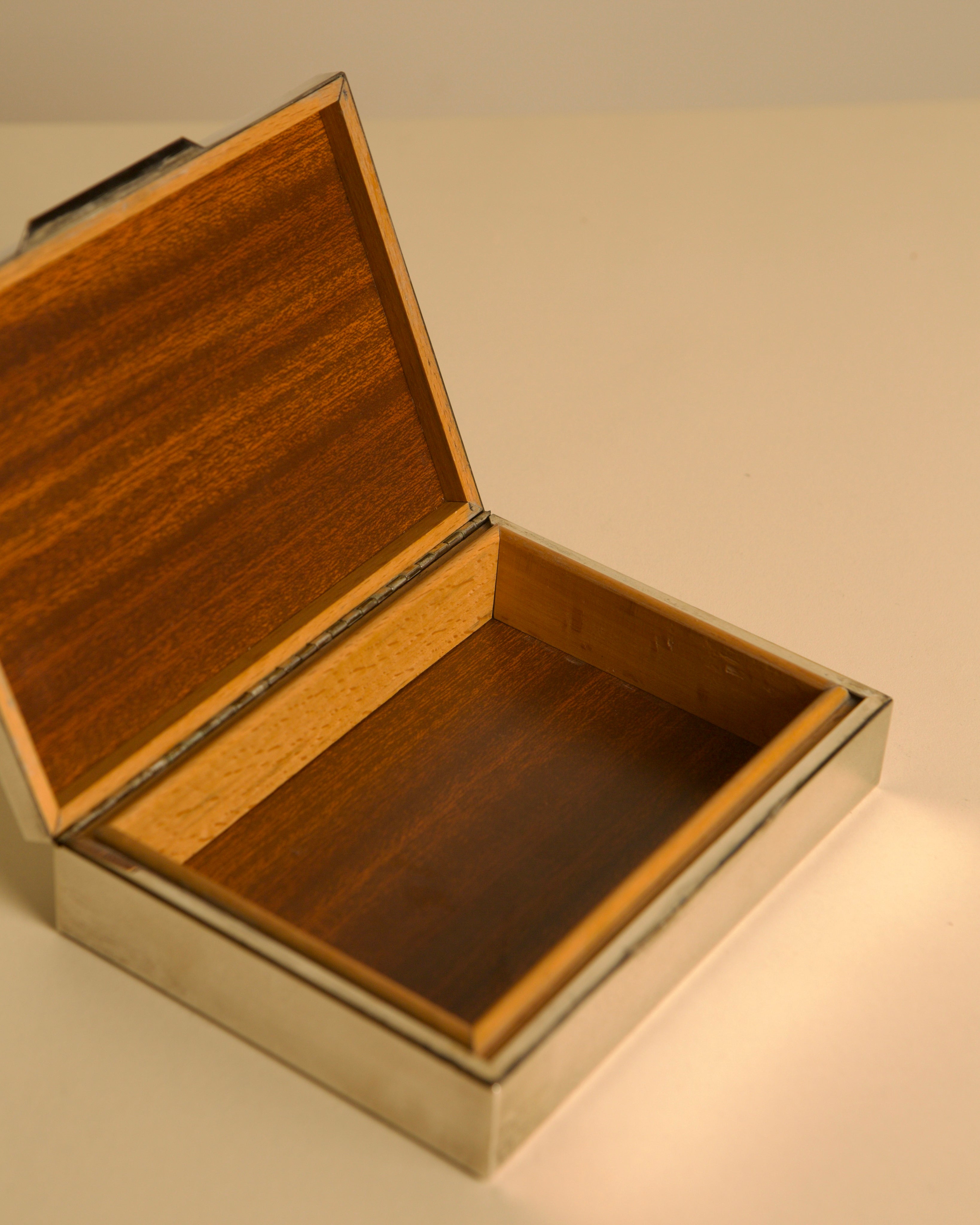 Italian Silver-plated Metal Box with a Wooden Interior, 80s — open view showing wooden interior and silver-plated edges