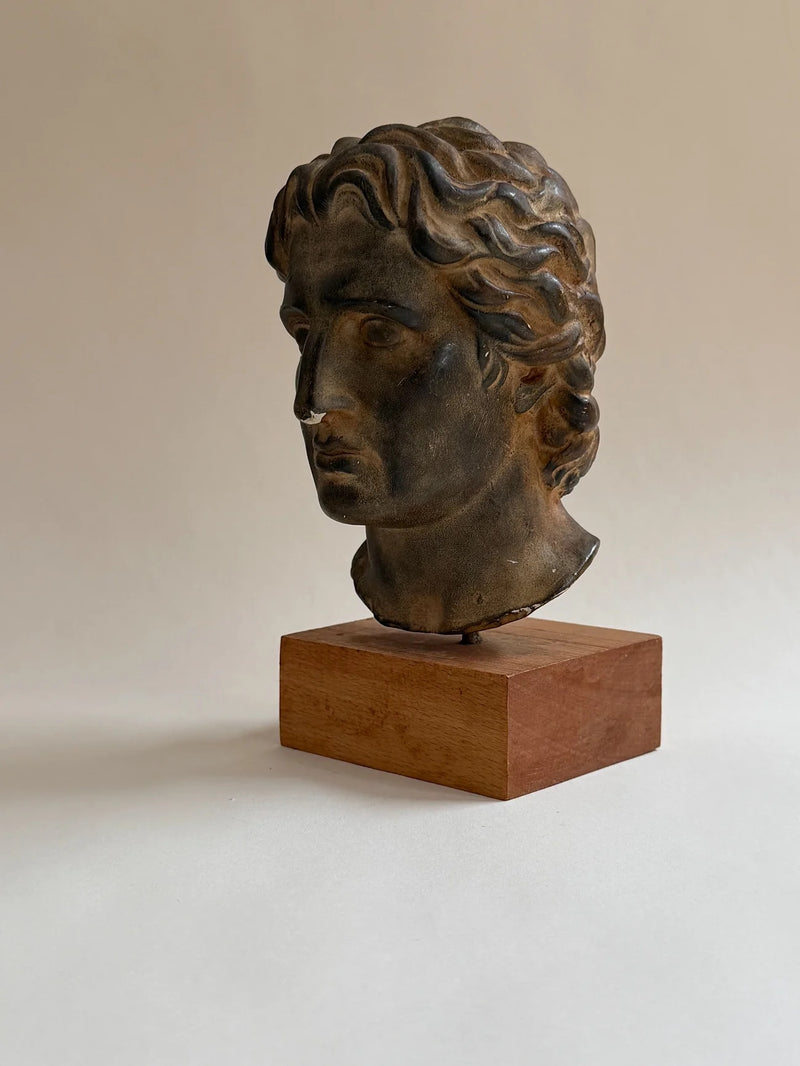 Sculptural Bust on Wooden Plinth — close-up of textured dark surface