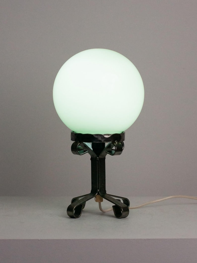 Vintage Mint Green Glass Globe Lamp – Brutalist Iron Pedestal Stand — detail view
