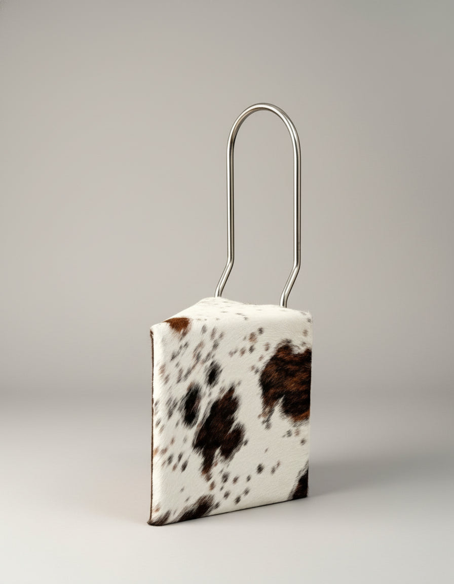 The "Twist" Chair by Animate Objects features a rectangular body in white faux fur with brown and black cow print spots, reminiscent of cowhide upholstery, and is accented by a tall, thin silver metal handle. The background is plain and neutral.