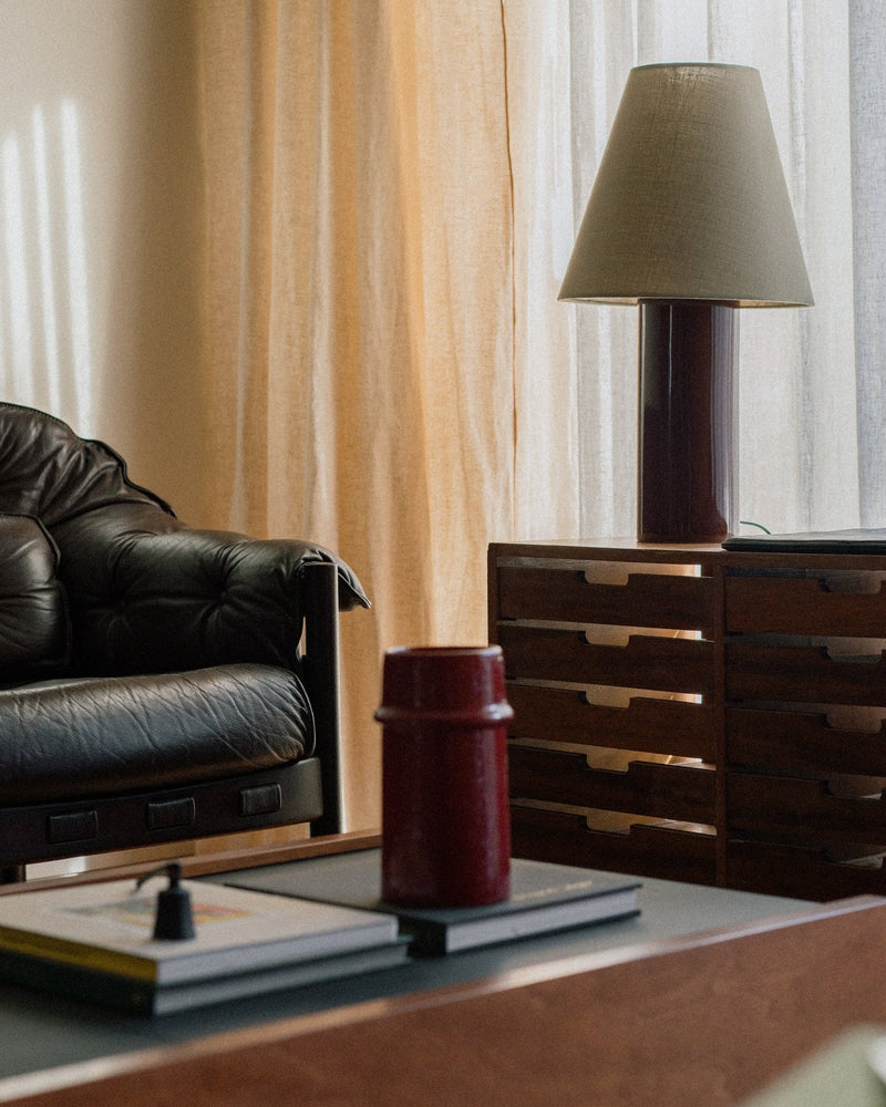 Giro" Table Lamp - Oxblood & Beige — close-up on lamp shade and base