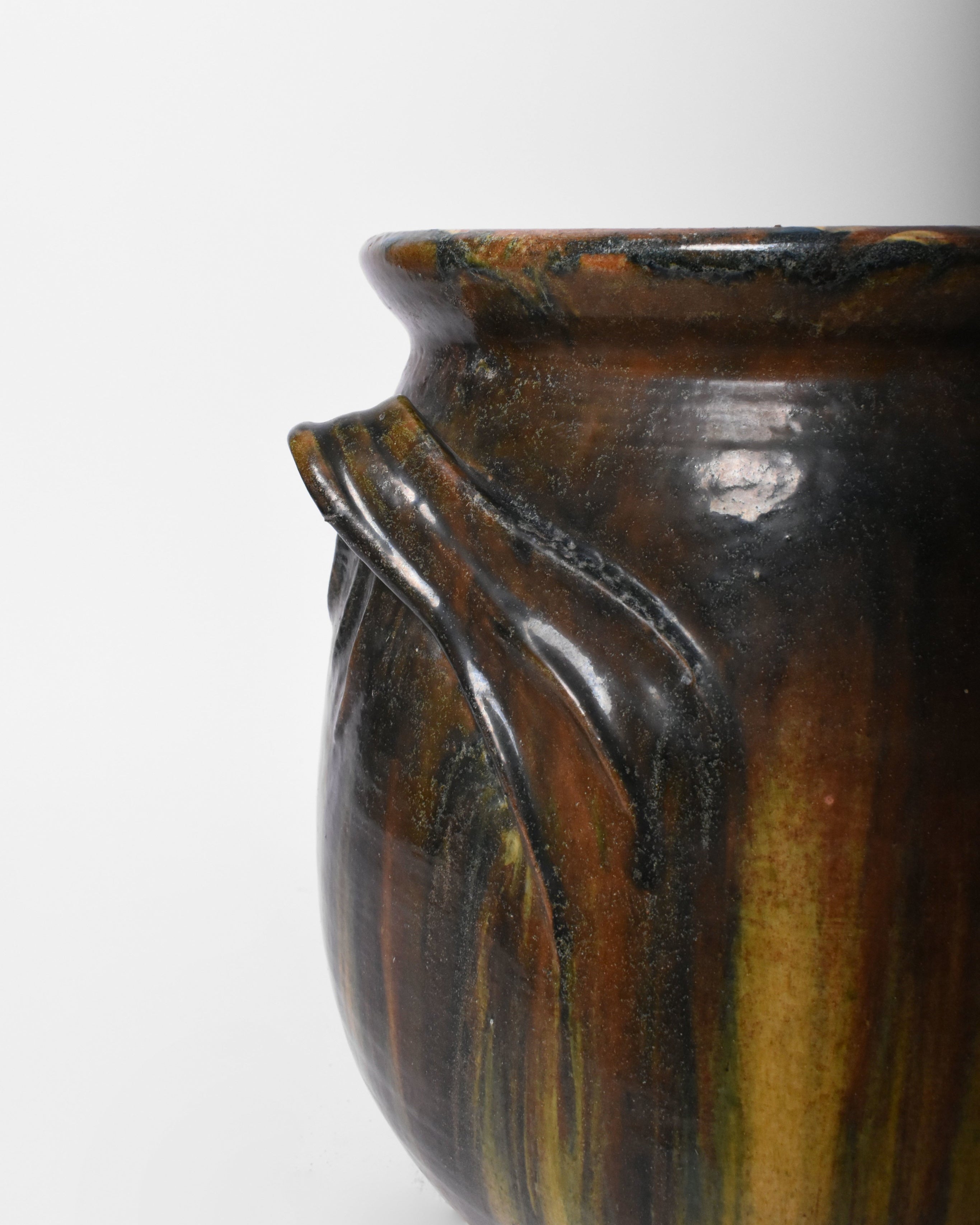 Green Blue and Yellow Ceramic Vase with Handles, 1950s — side angle showing ceramic texture and handle details