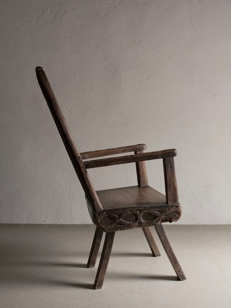Antique Primitive Carved Oak Arm Chair, Belgium — side angle showing carved details