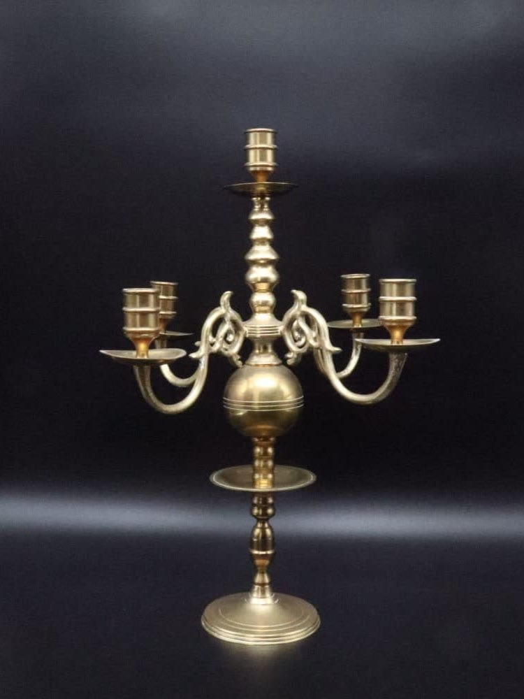 Antique Dutch 5-Light Brass Candelabra - Baluster Stem with Central Sphere, 1930s Holland — detail view