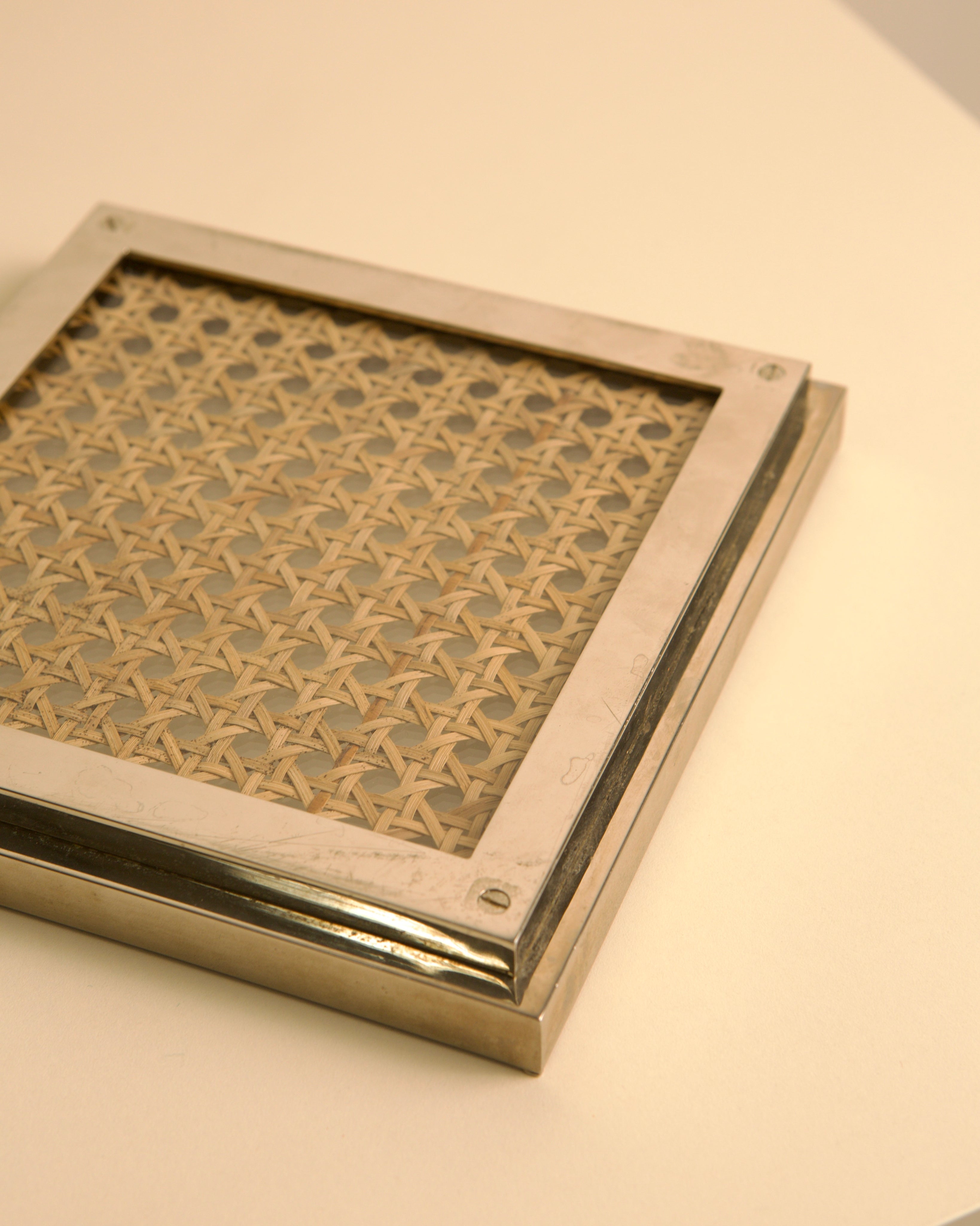 Italian brass square vide-poche with woven cane insert detail