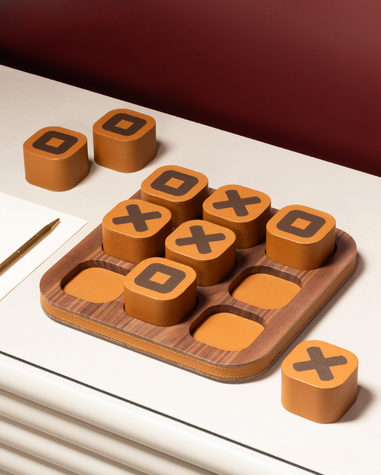 Luxury wooden tic tac toe game set with leather board by Giobagnara