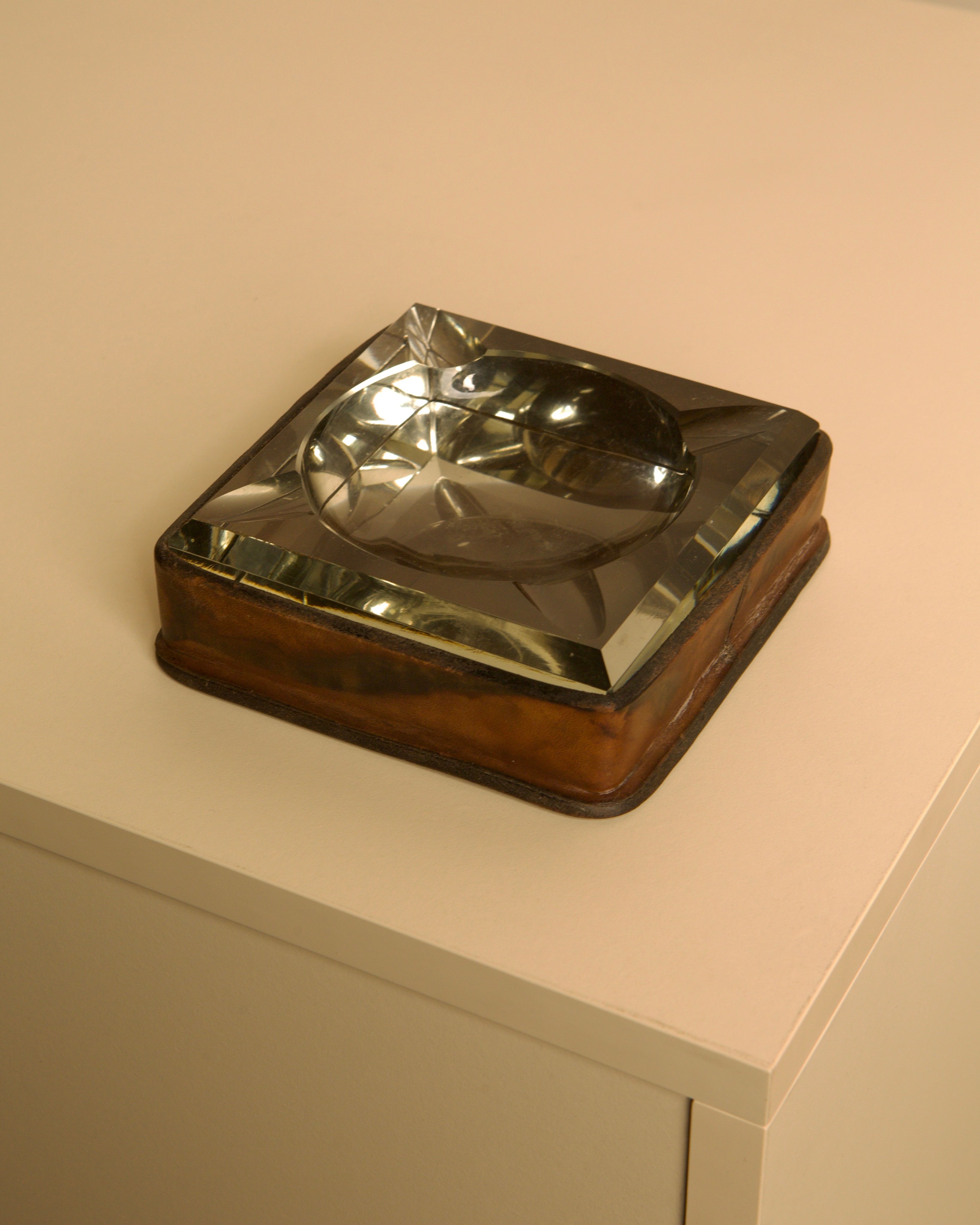Italian Ashtray in Crystal and Leather 60's by Treaptyque | The Oblist — vintage crystal and leather design