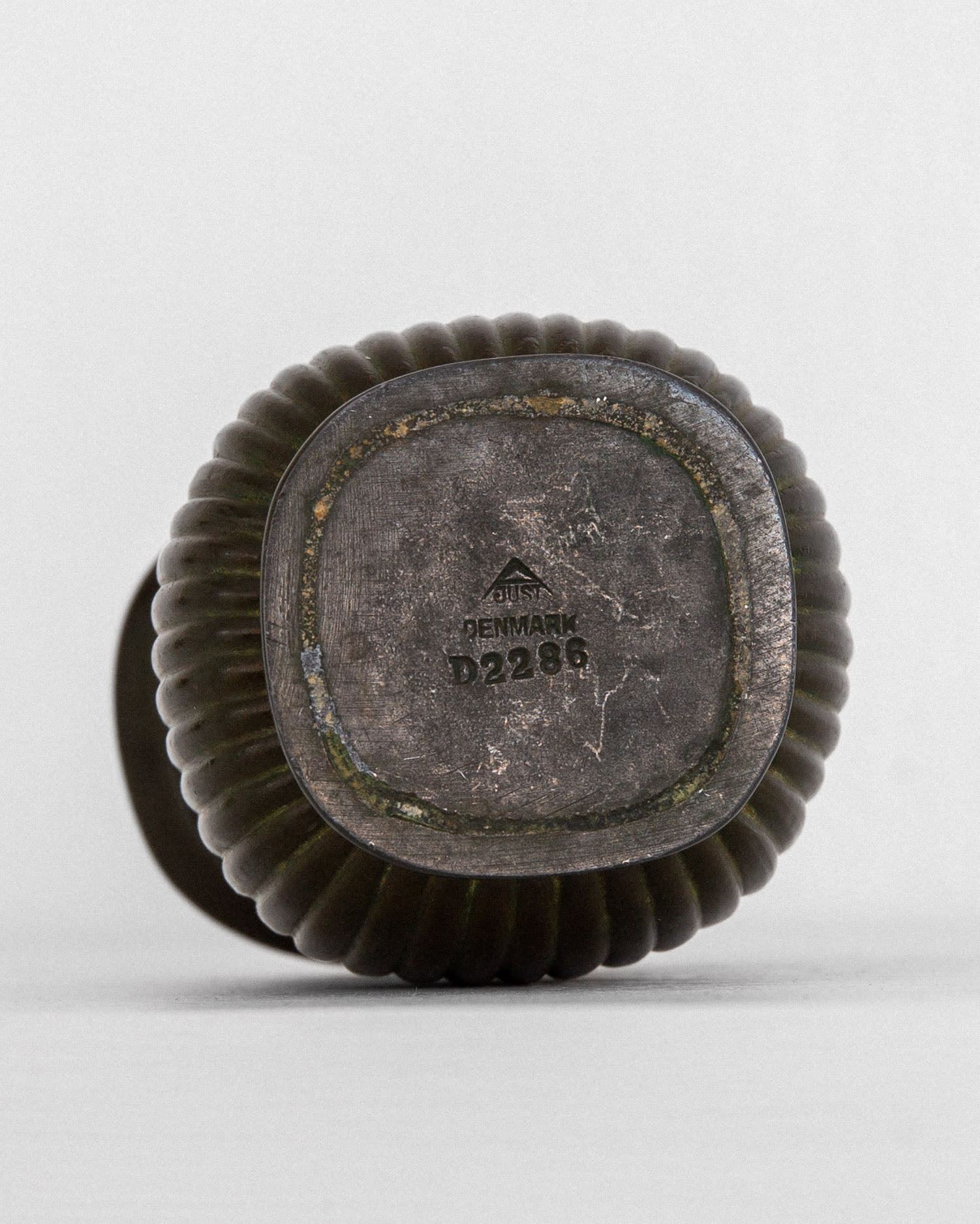 Art Deco Miniature Vase by Just Andersen, Denmark, 1930s — bottom view showing maker's mark and ribbed texture