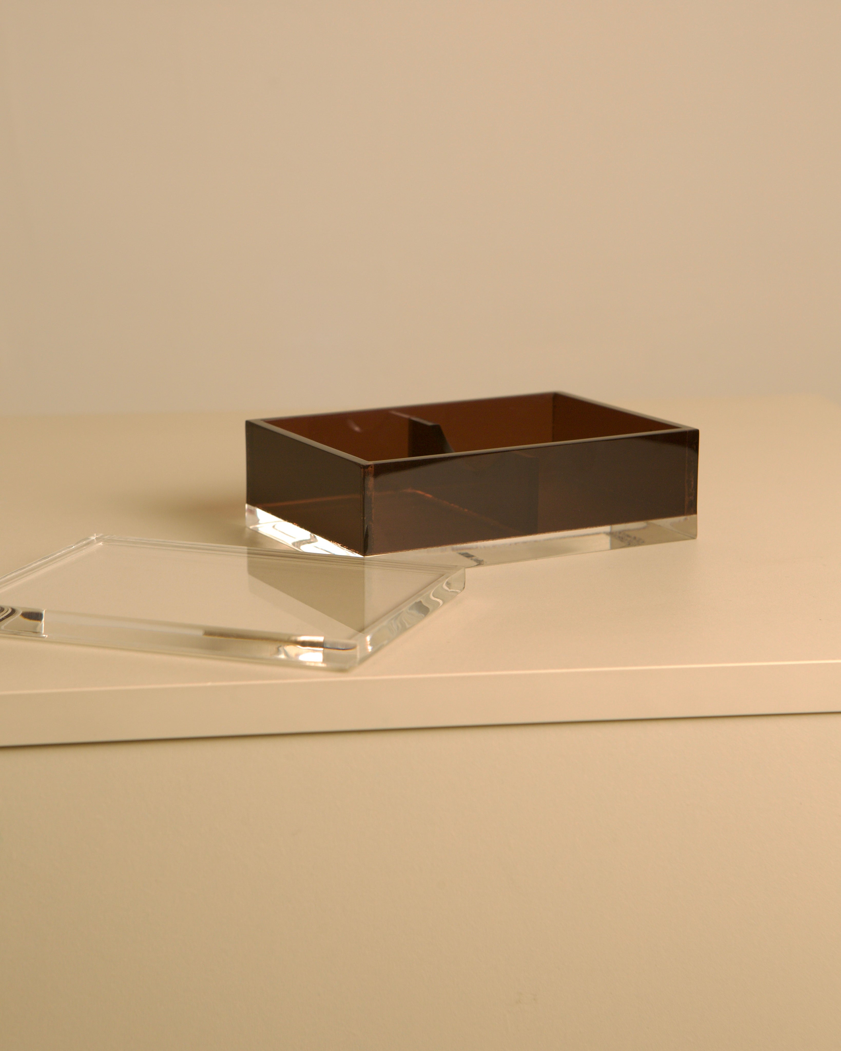 Italian smoked and clear plexiglass box, 70s — lifestyle setting