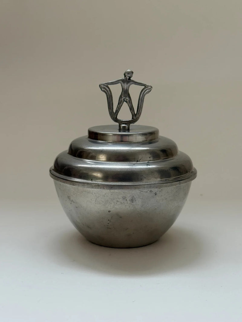 Sculptural Pewter Bonbonnière, Sylvia Stave, CG Hallberg, 1930s — close-up of rounded pewter body with decorative lid